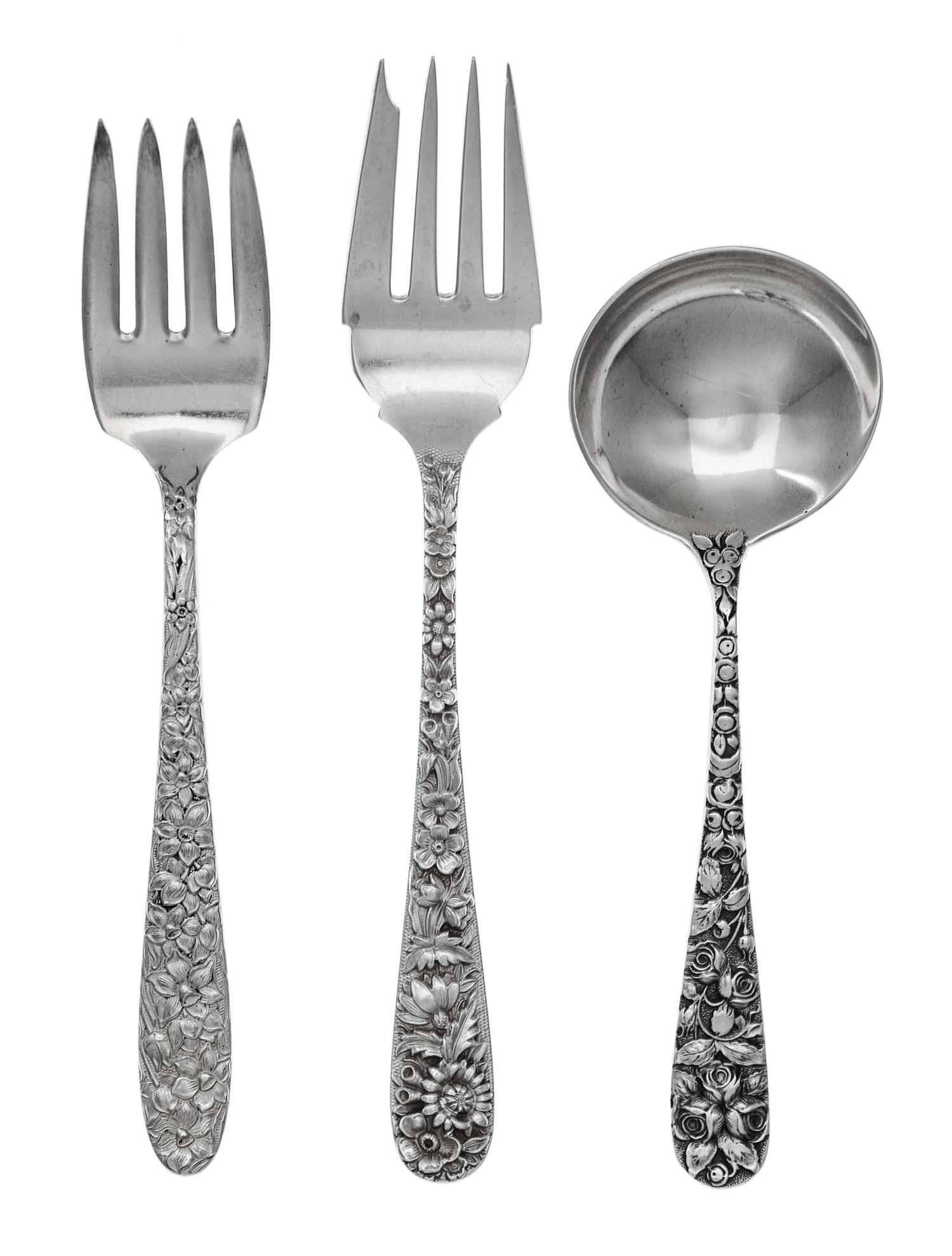 A Group of American Silver Flatware Articles, S. Kirk & Son, Baltimore, MD, Repousse pattern, comprising: 11 salad forks 6 soup spoons