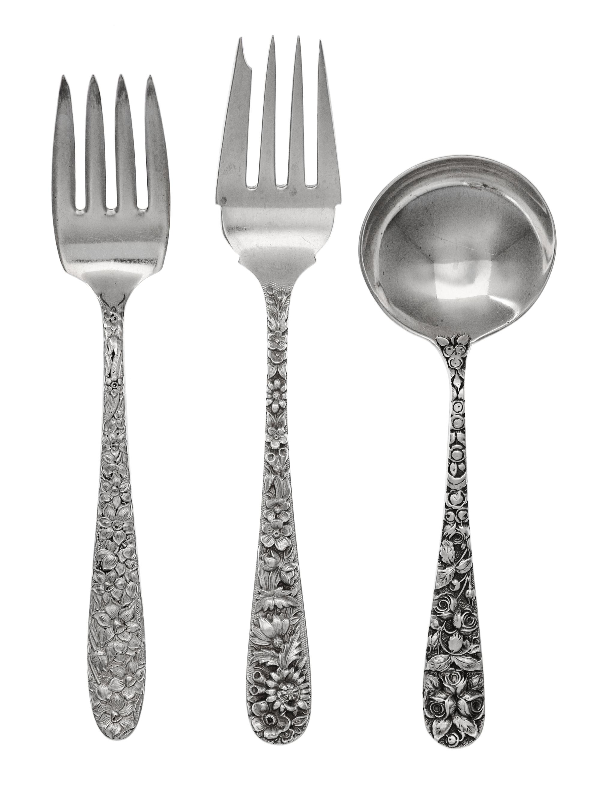 A Group of American Silver Flatware Articles, S. Kirk & Son, Baltimore, MD, Repousse pattern, comprising: 11 salad forks 6 soup spoons