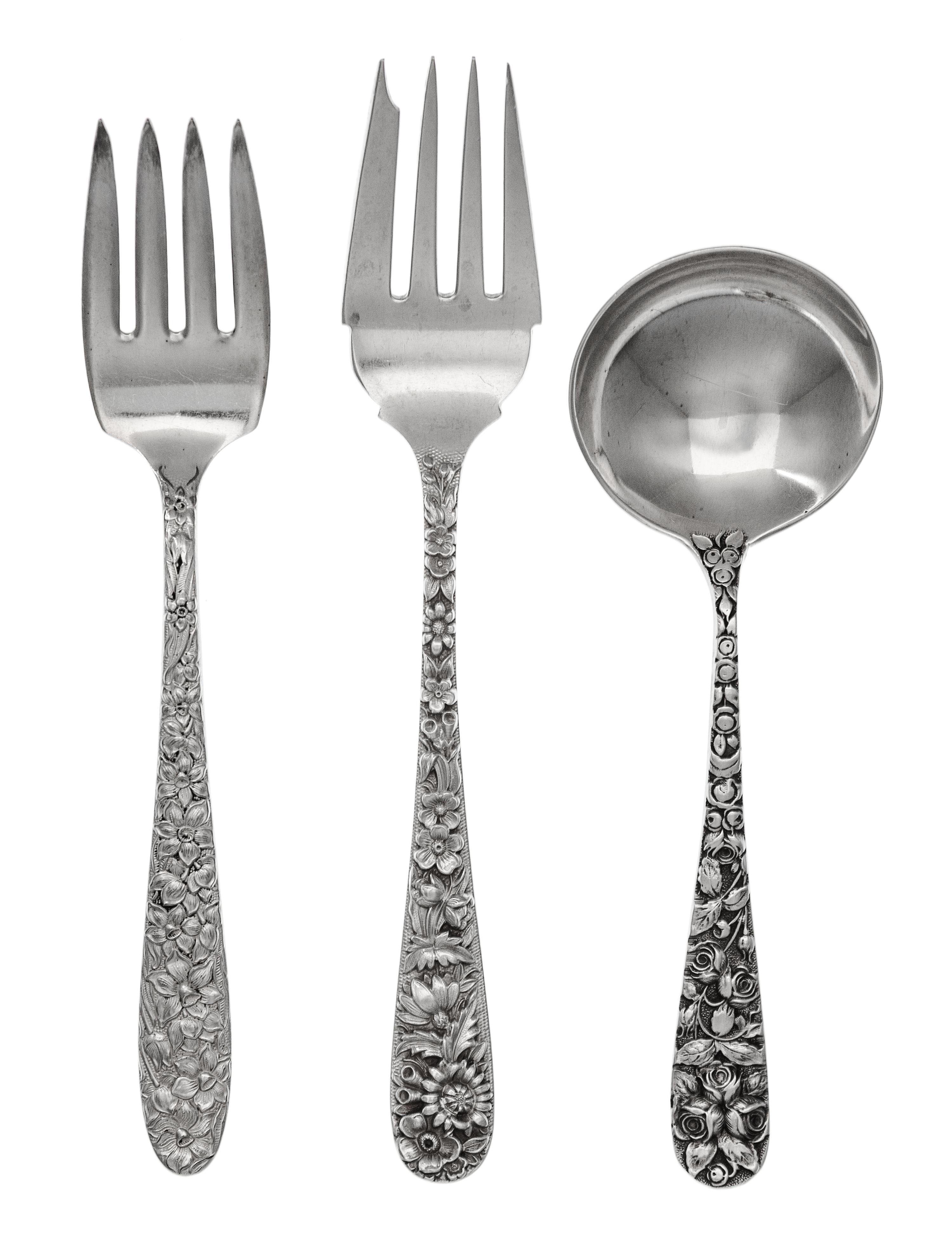 A Group of American Silver Flatware Articles, S. Kirk & Son, Baltimore, MD, Repousse pattern, comprising: 11 salad forks 6 soup spoons