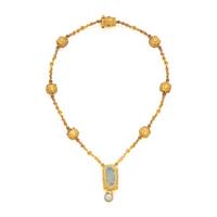 Aquamarine, Sapphire, Cultured Pearl, and Yellow Gold Necklace