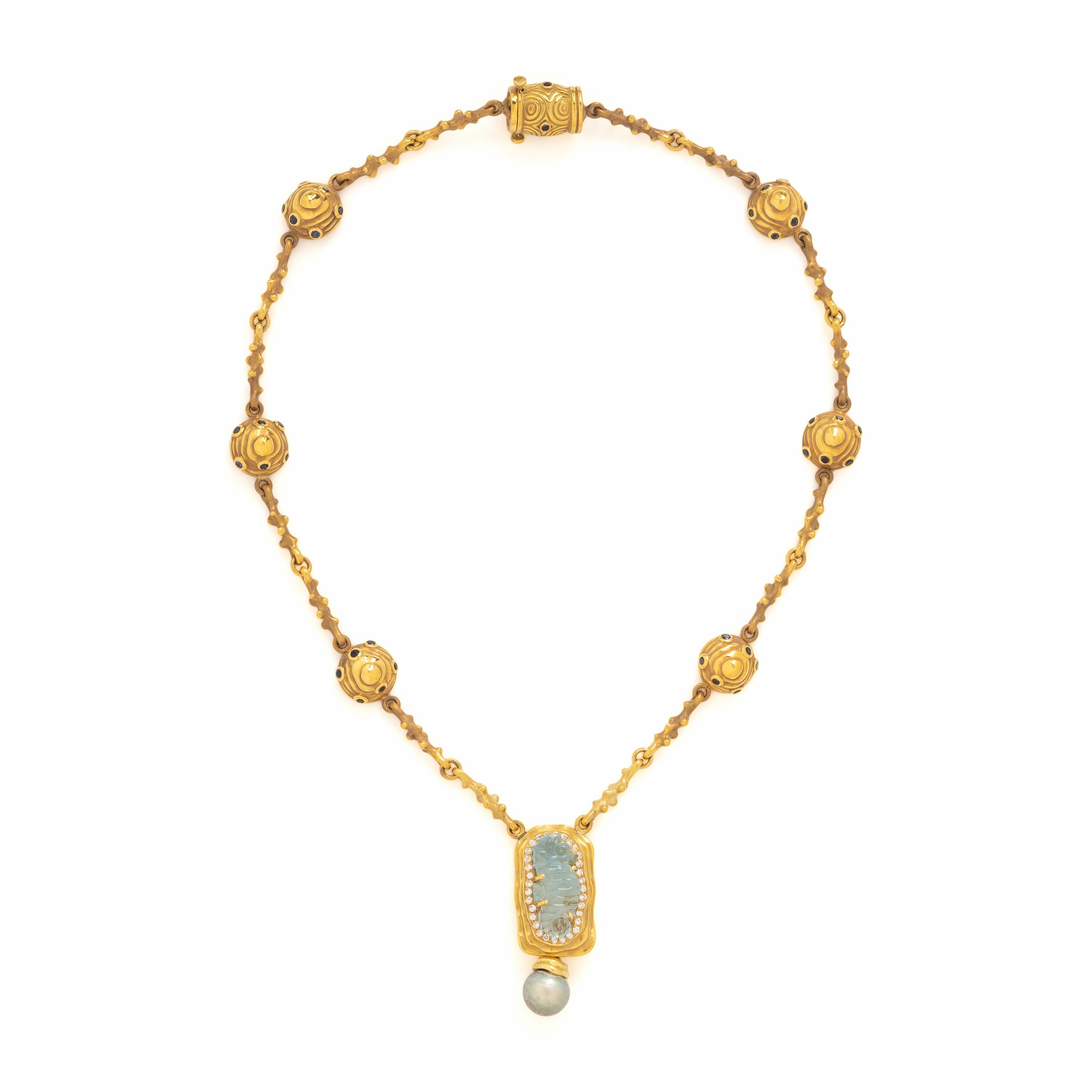 Aquamarine, Sapphire, Cultured Pearl, and Yellow Gold Necklace