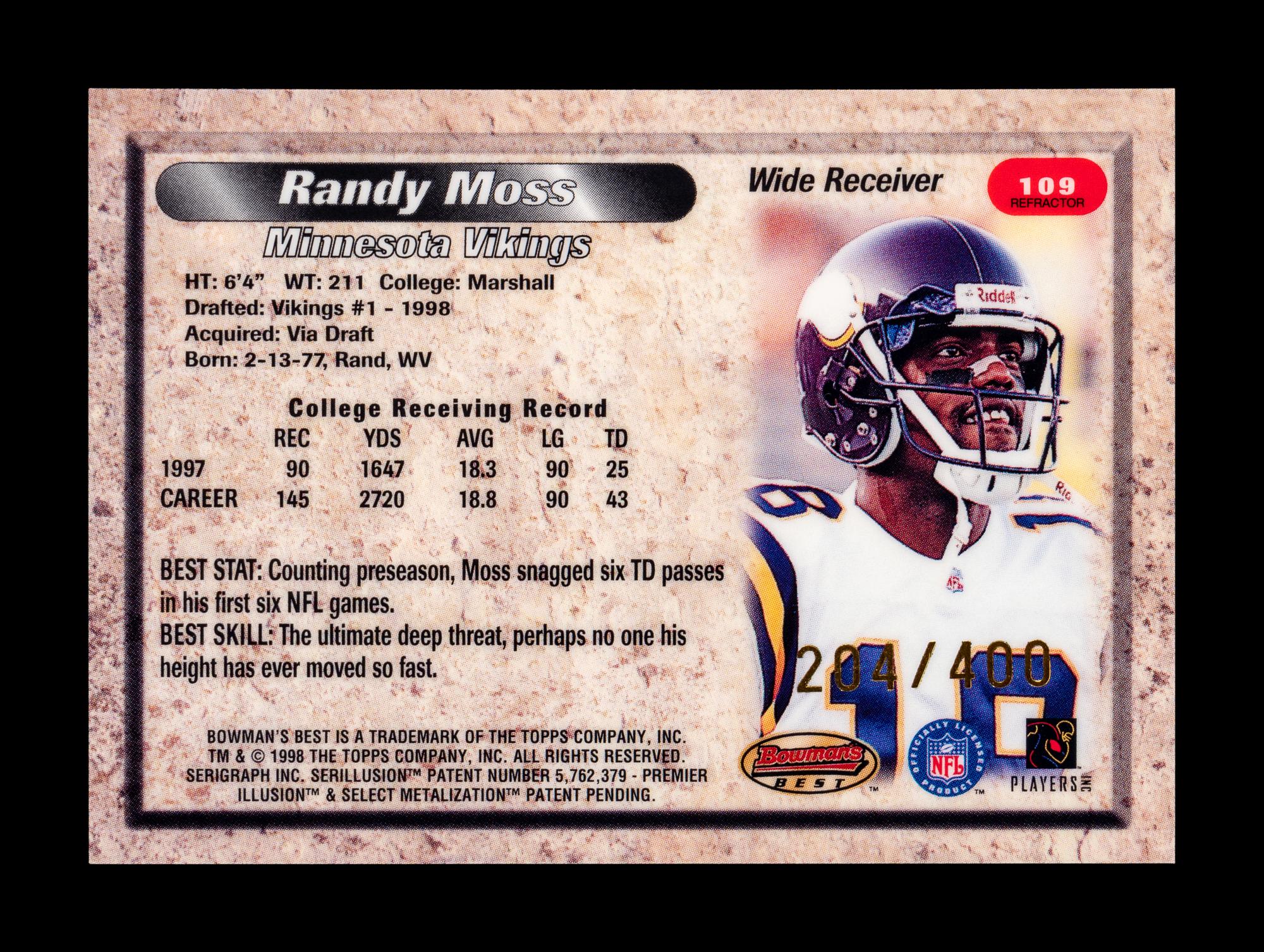 A 1998 Bowman's Best Refractor Randy Moss Rookie Football Card No. 109 (Numbered 204 of 400)