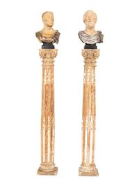 A Pair of Italian Carved and Parcel Gilt Busts Raised on Carved and Painted Columns