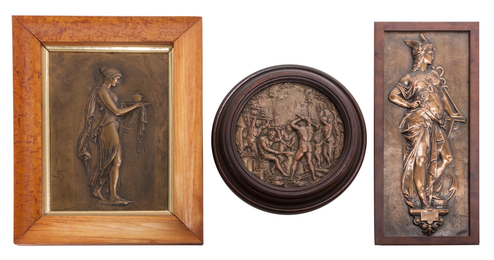 A Cast Metal Plaque, , depicting a Classical female set in a maple frame, together with two additional reliefs.