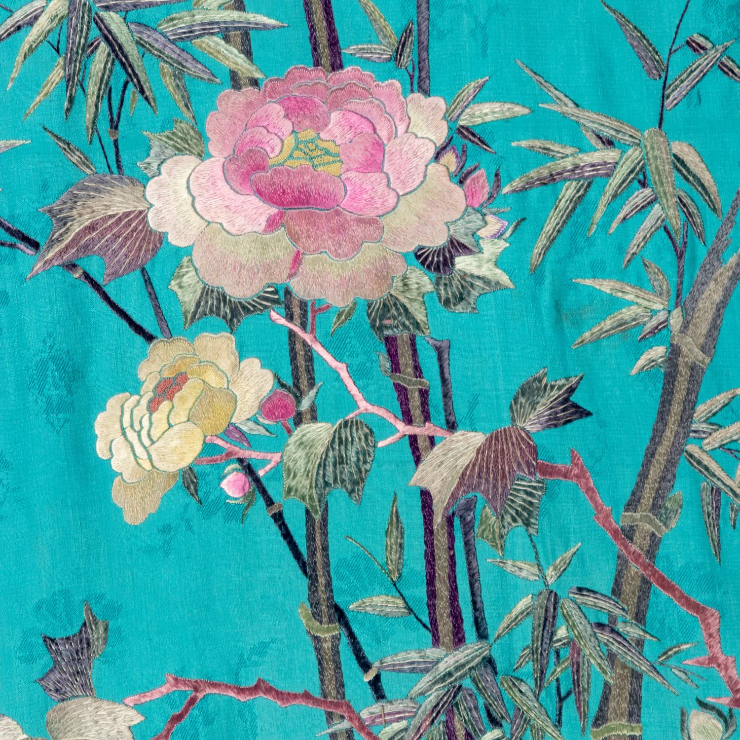 A Large Chinese Embroidered Silk Hanging Panel, Late 19th Century 清晚期 藍地綉花鳥大挂賬