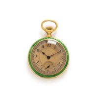 SPAULDING & CO., ANTIQUE, YELLOW GOLD AND ENAMEL PENDANT WATCH AND CHAIN