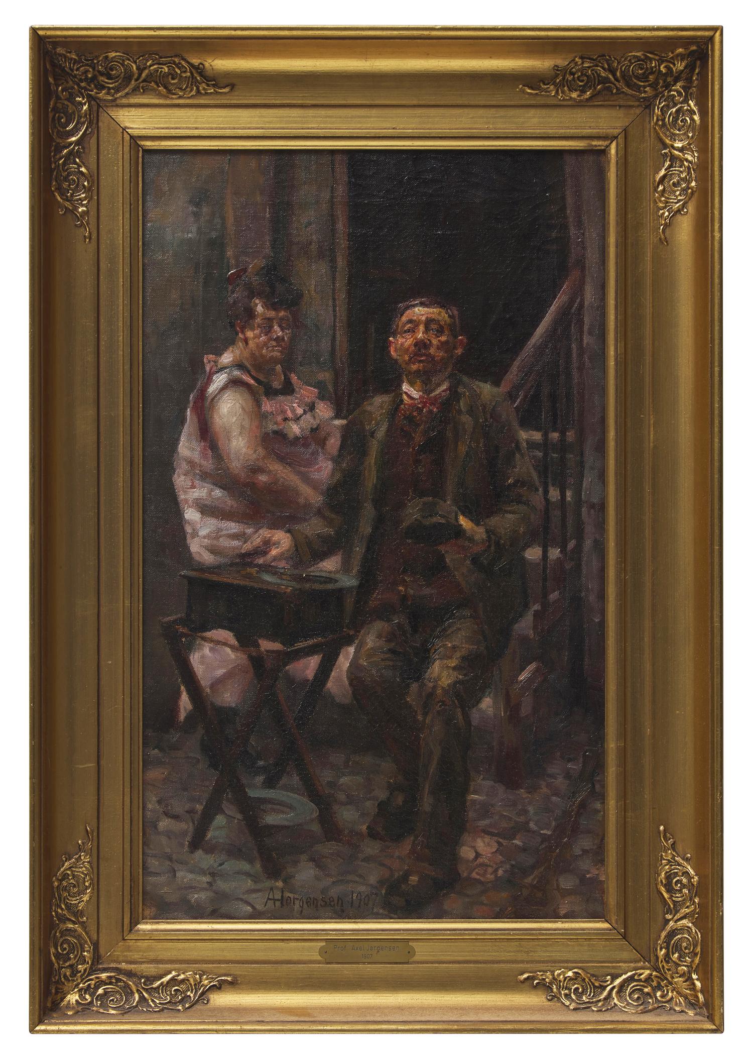Organ grinder with lady sitting in a staircase in Holmensgade , 1907