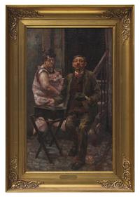 Organ grinder with lady sitting in a staircase in Holmensgade , 1907