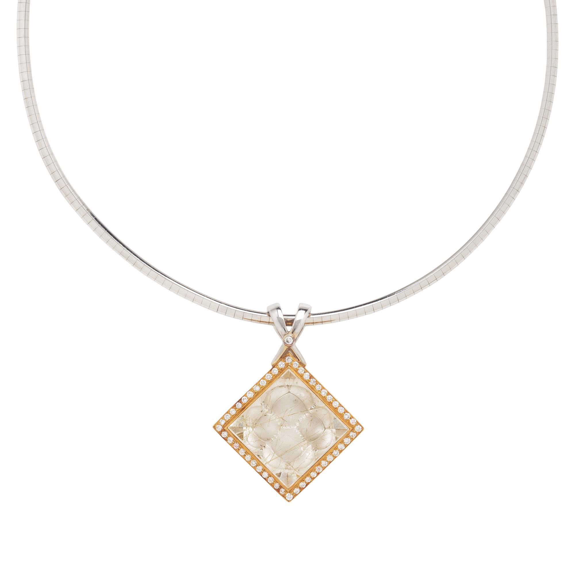 Rutilated Quartz, Diamond, and Bicolor Gold Pendant Necklace