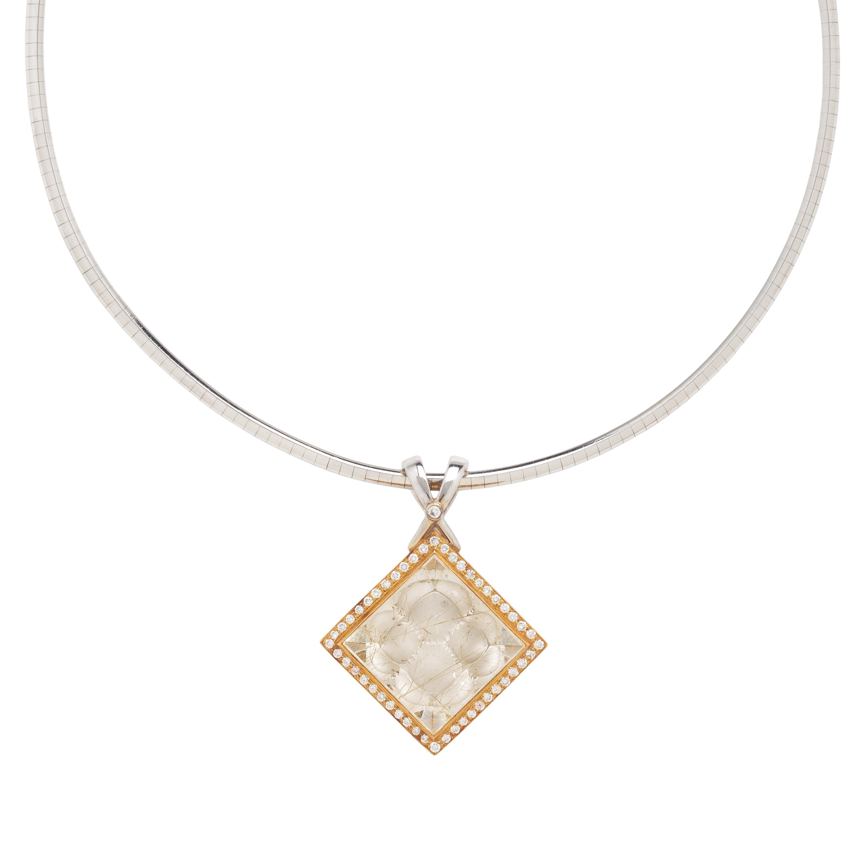 Rutilated Quartz, Diamond, and Bicolor Gold Pendant Necklace