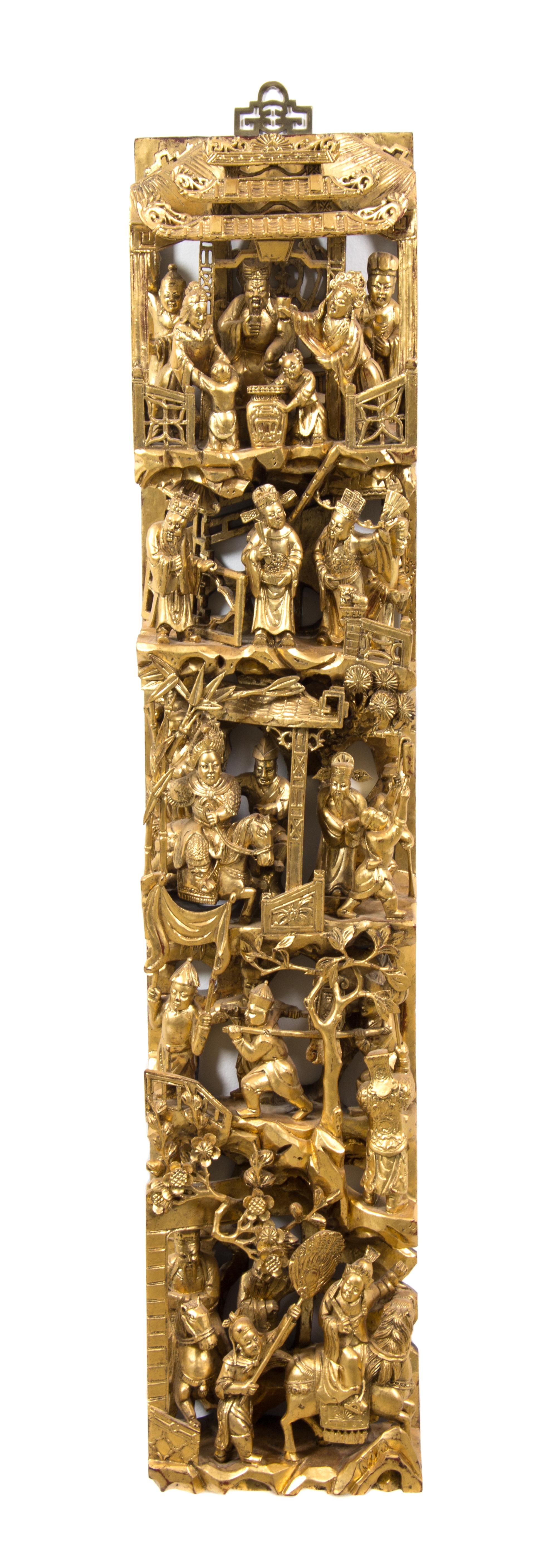 A Group of Five Pierce Carved Giltwood Panels Height of tallest 35 1/2 x width 7 1/4 x depth 3 1/2 inches.
