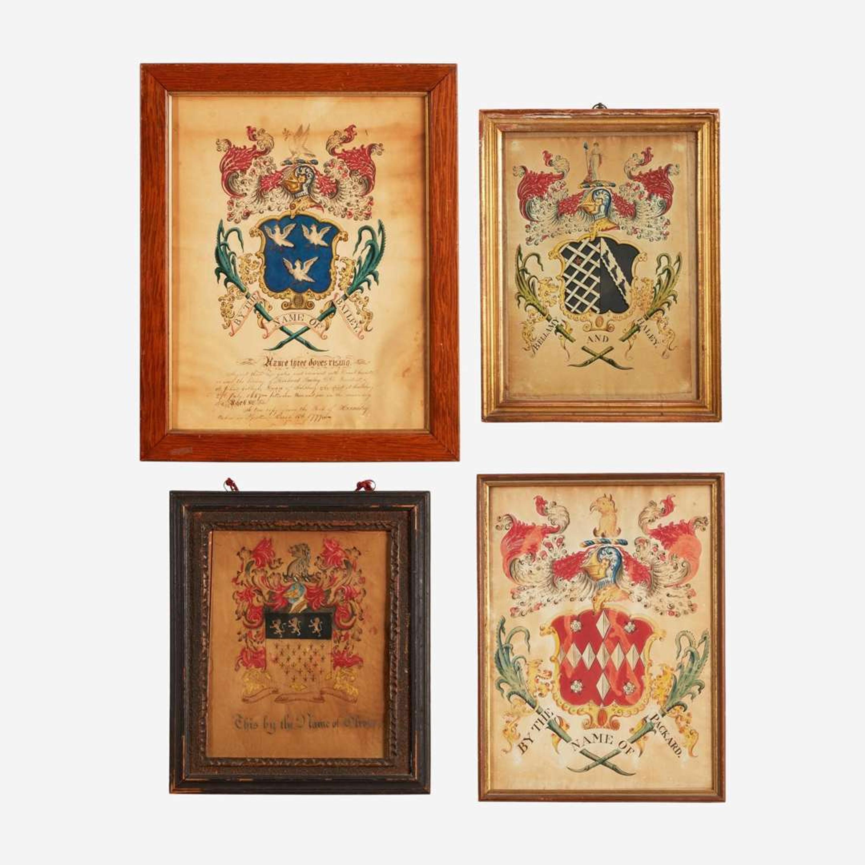 A group of four painted coats-of-arms John Coles, Sr. (1749-1809), Boston, MA, Samuel Blyth (1744-1795), Salem, MA, and other, circa 1775-1806