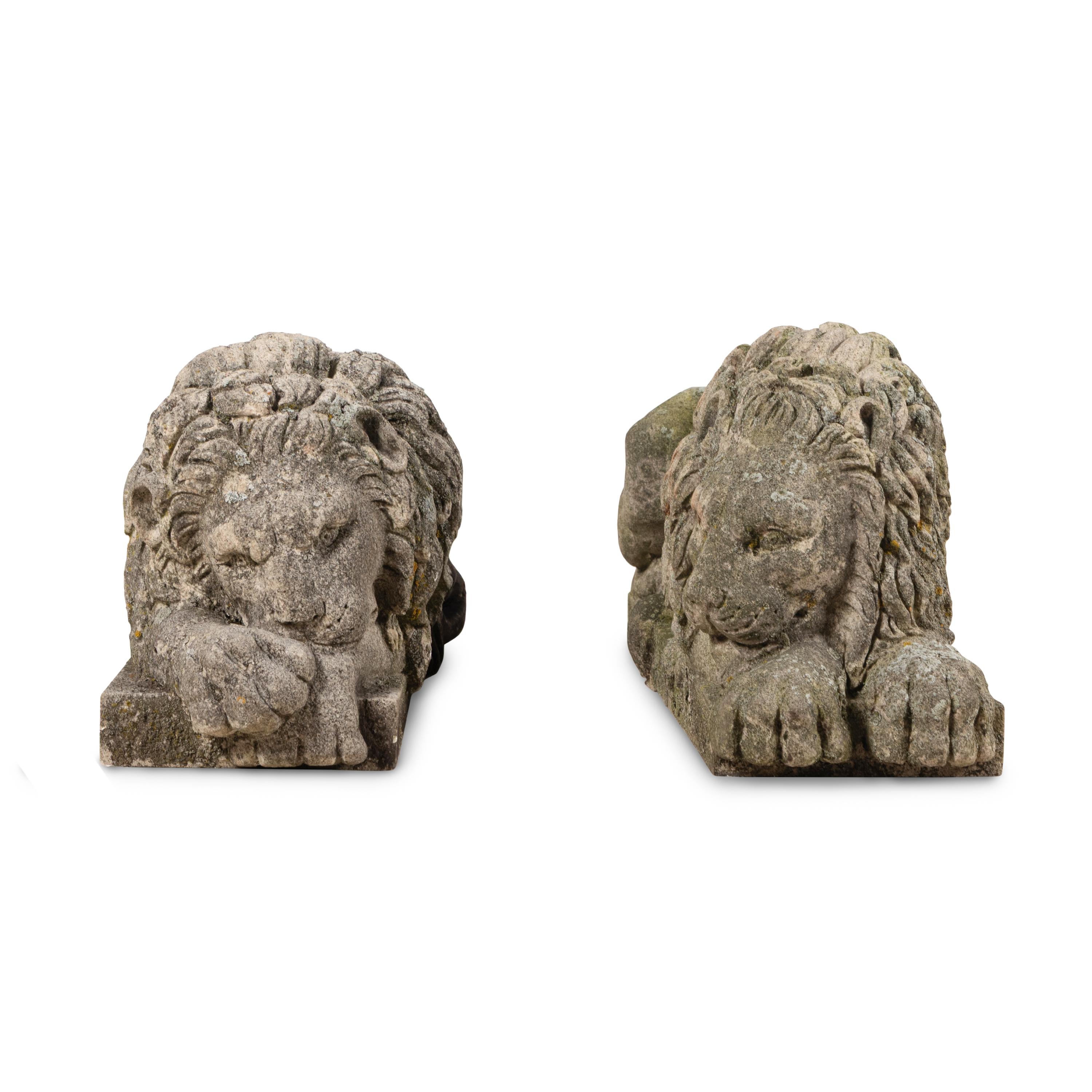 Two Carved Granite Garden Lions