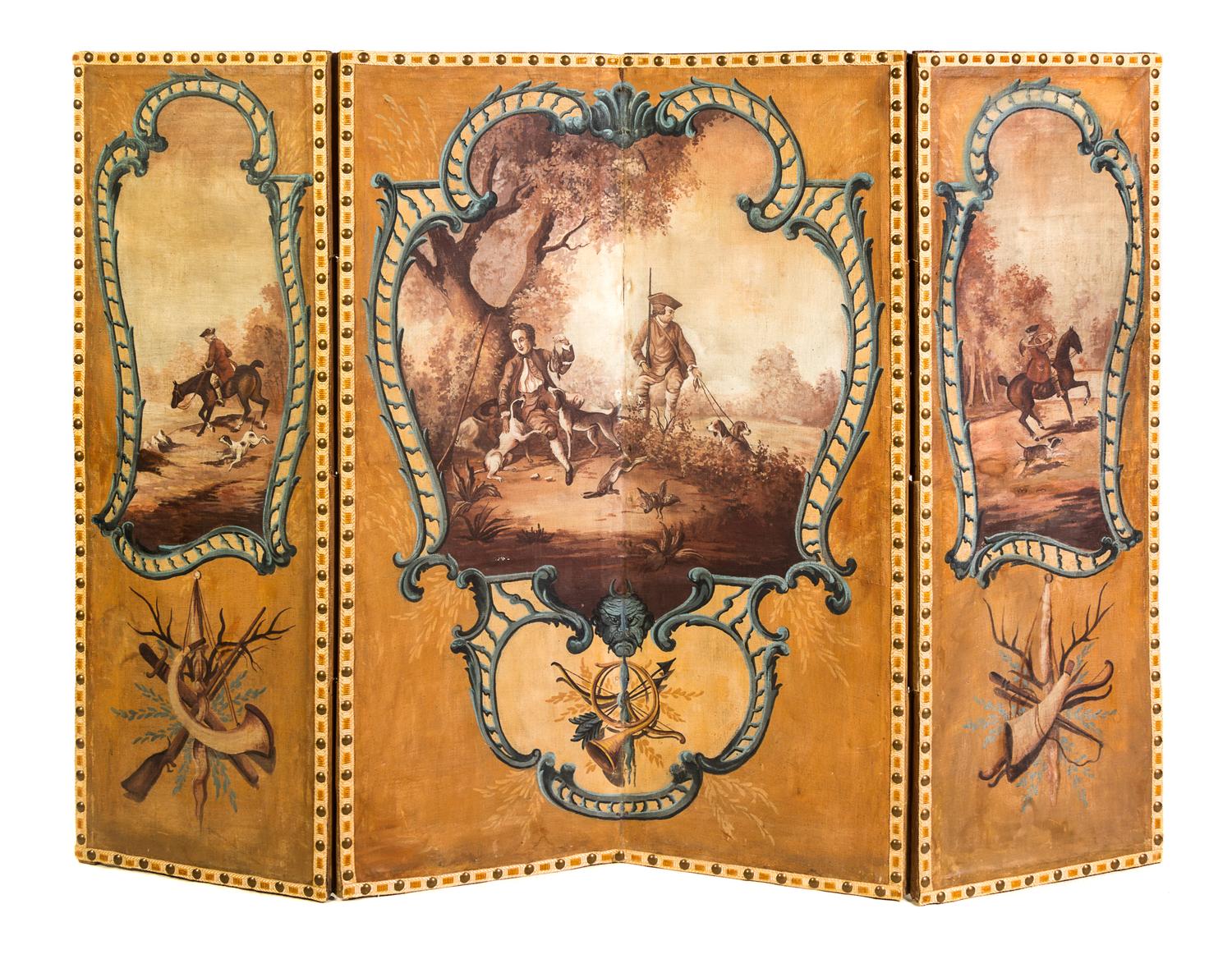 A Continental Painted Canvas Four-Panel Floor Screen Height 61 1/2 x width of each panel 21 1/4 inches. — 18TH/19TH CENTURY