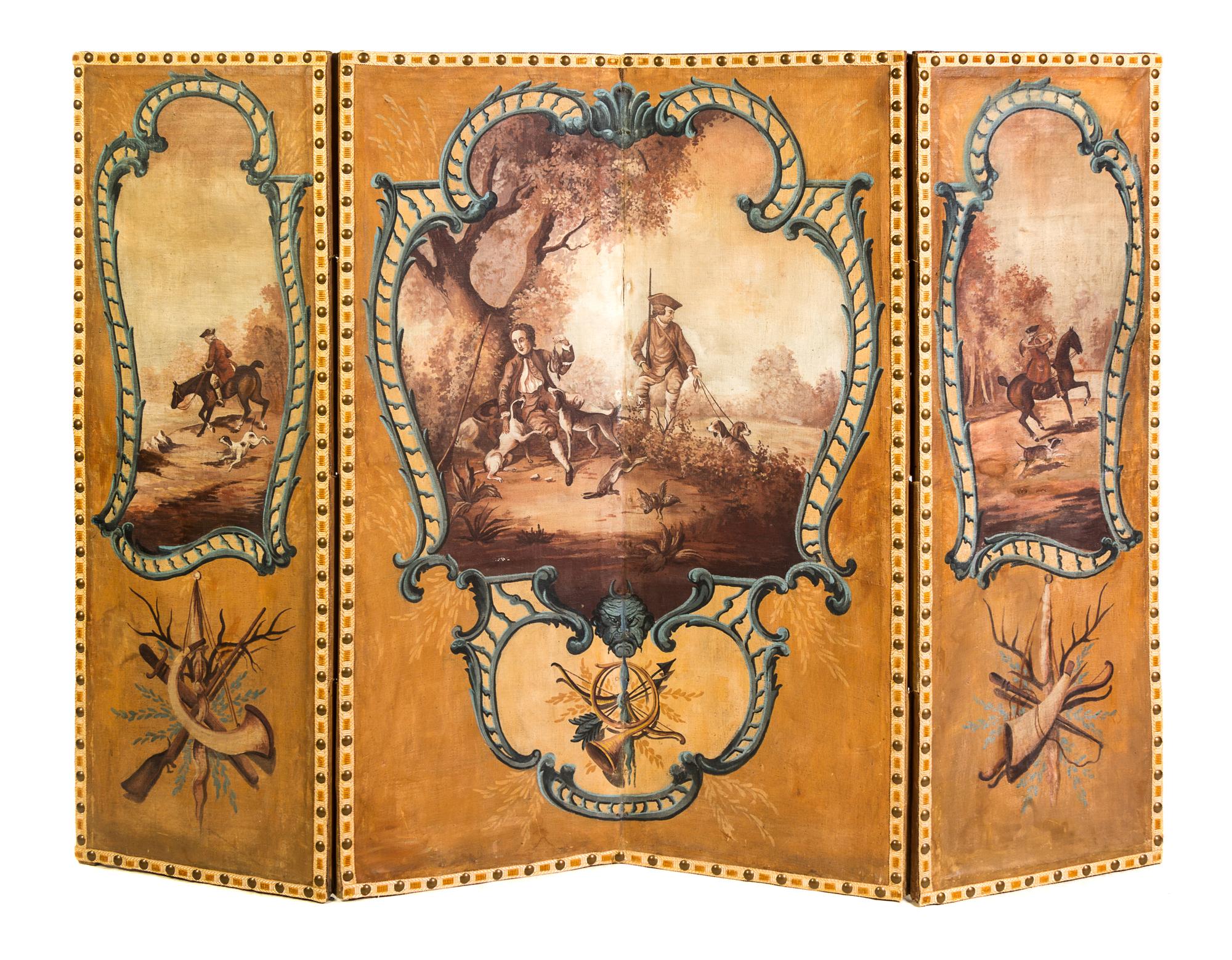 A Continental Painted Canvas Four-Panel Floor Screen Height 61 1/2 x width of each panel 21 1/4 inches. — 18TH/19TH CENTURY