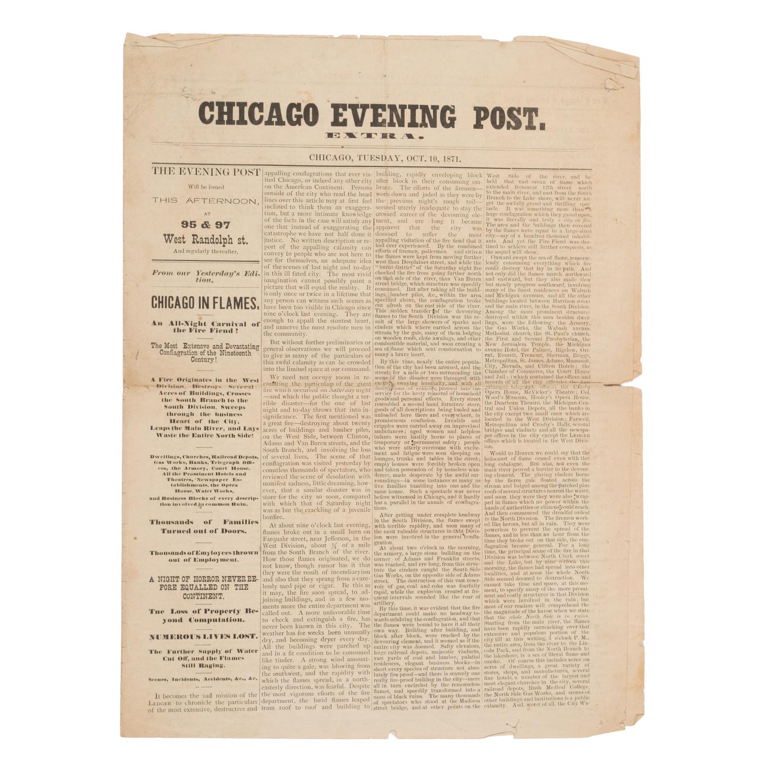[Chicago Fire]. Chicago Evening Post Extra. Chicago, 10 October 1871.