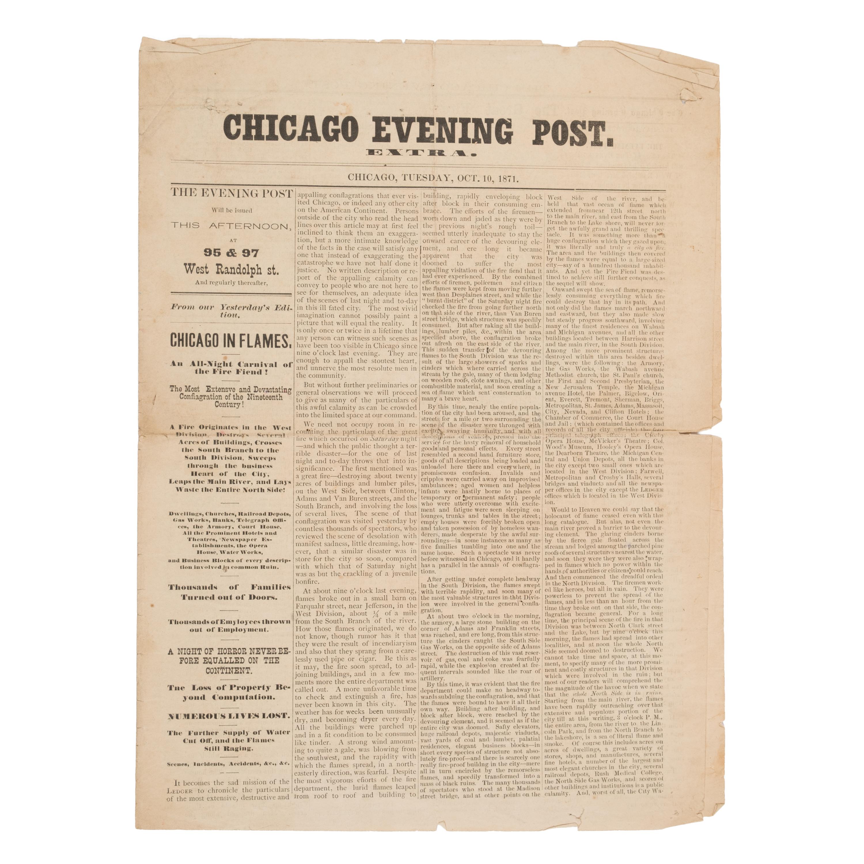 [Chicago Fire]. Chicago Evening Post Extra. Chicago, 10 October 1871.