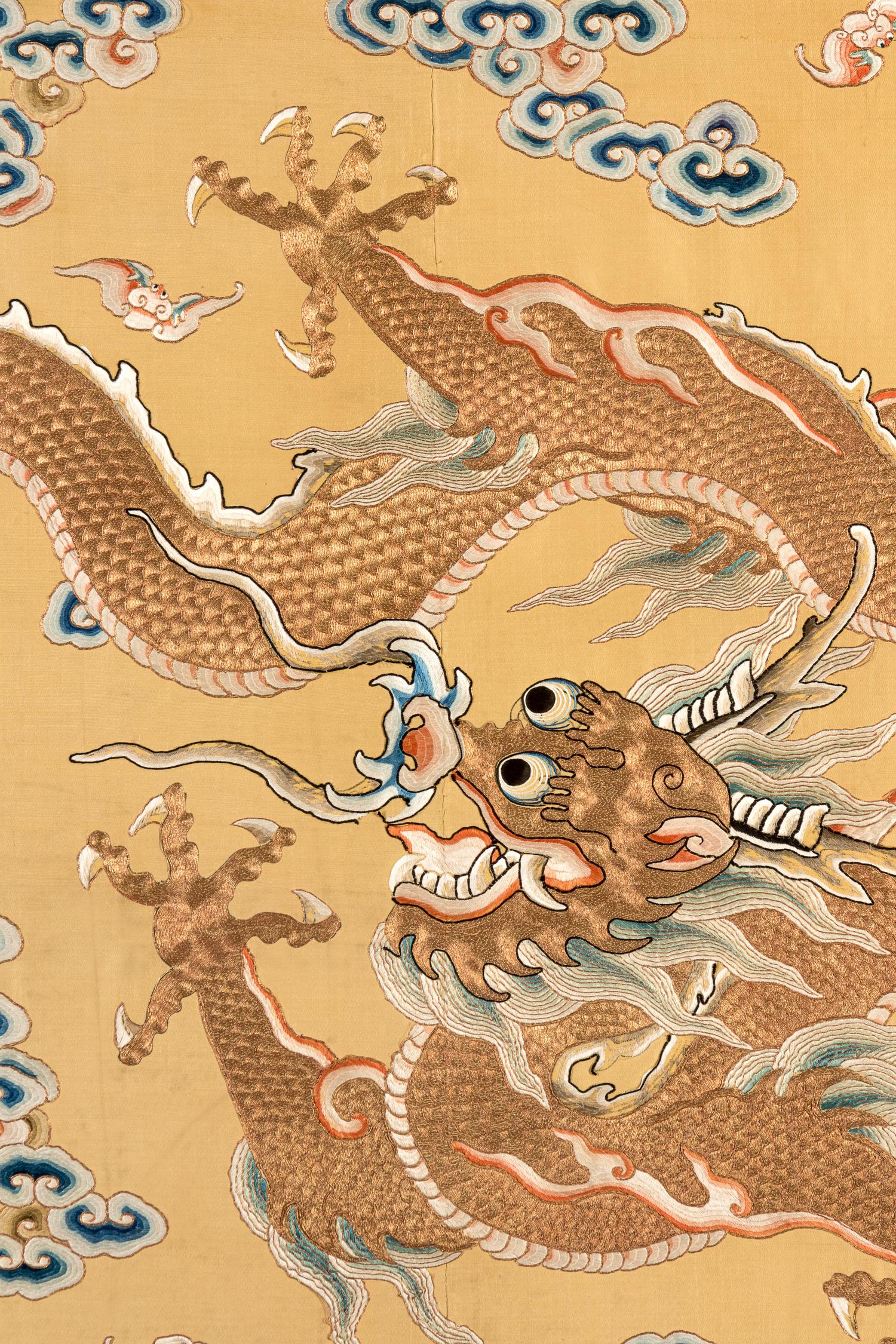 A Large Pair of Yellow Ground Gold Thread 'Dragon' Embroidery Silk Panels