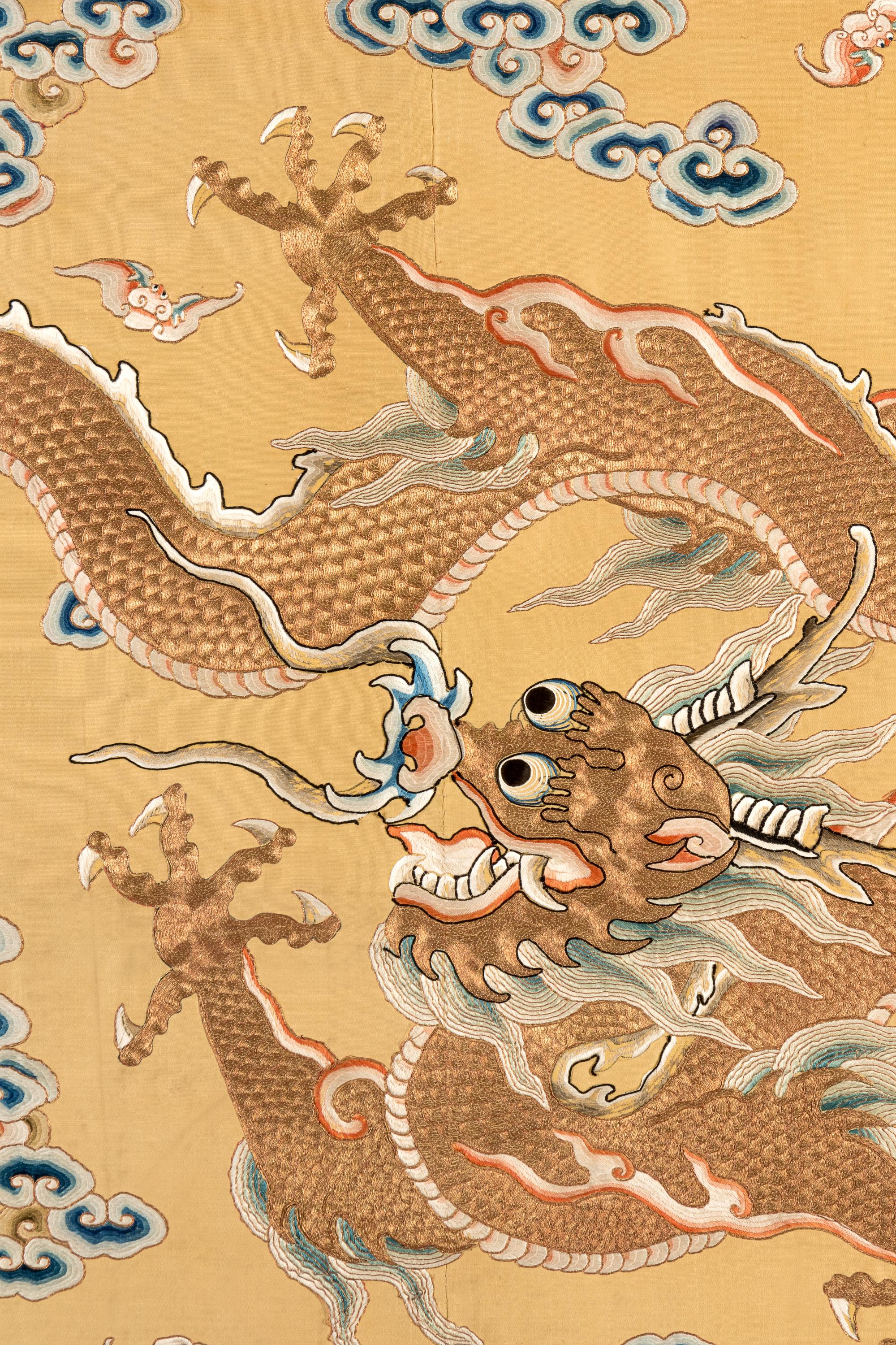 A Large Pair of Yellow Ground Gold Thread 'Dragon' Embroidery Silk Panels