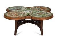An Art Nouveau Carved Walnut and Persian Tile-Inset Low Table