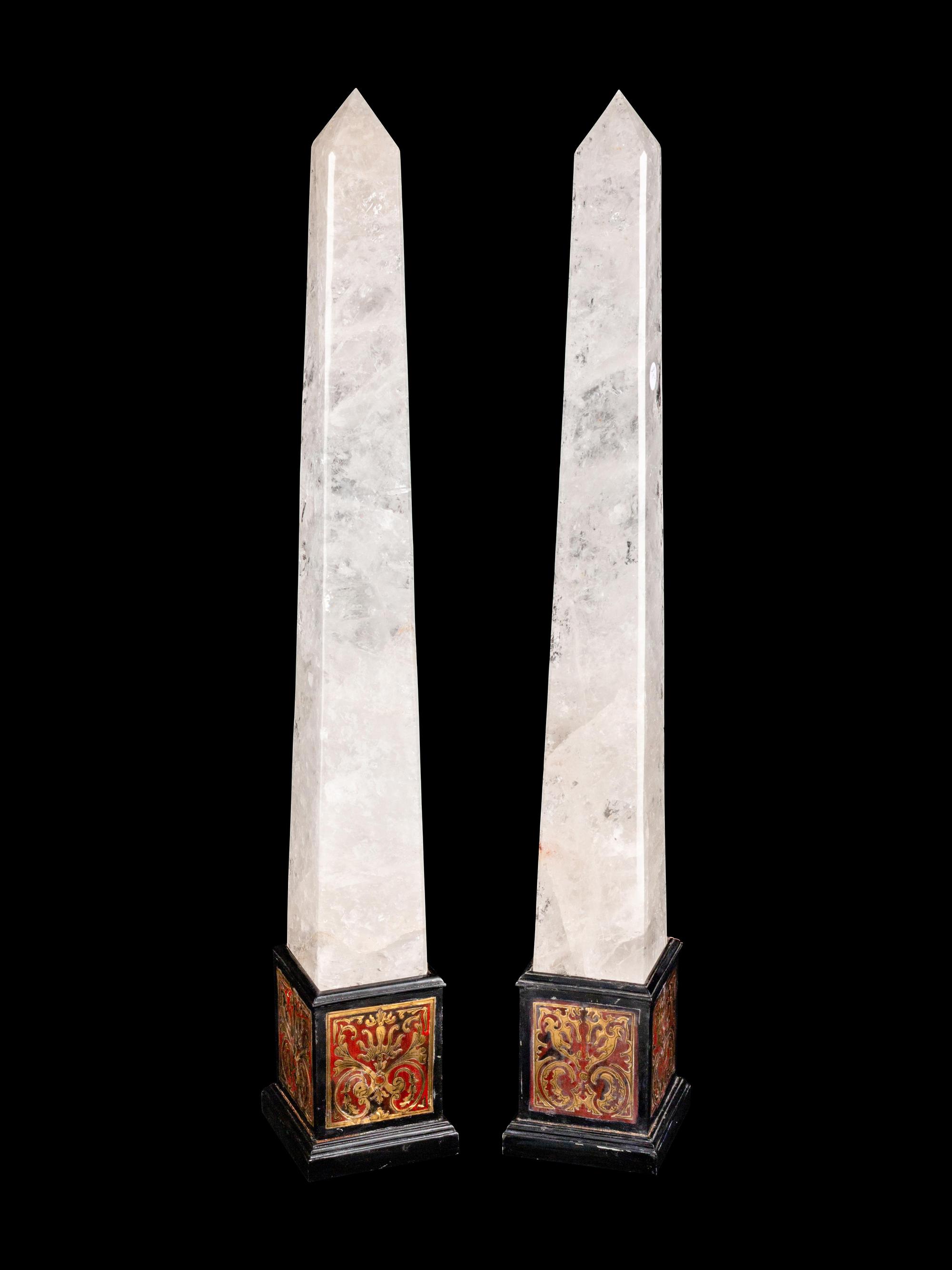 A Pair of Rock Crystal Obelisks with Boulle Marquetry Bases