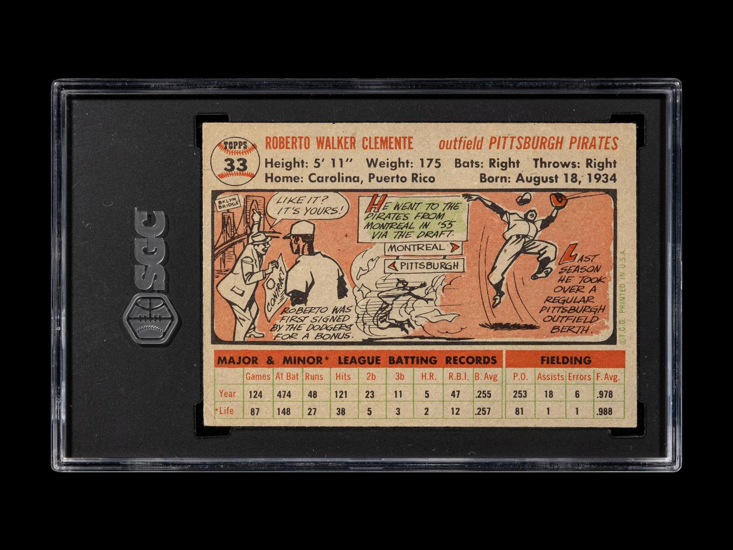 A 1956 Topps Roberto Clemente Gray Back Baseball Card No. 33 (SGC 4 VG/EX)