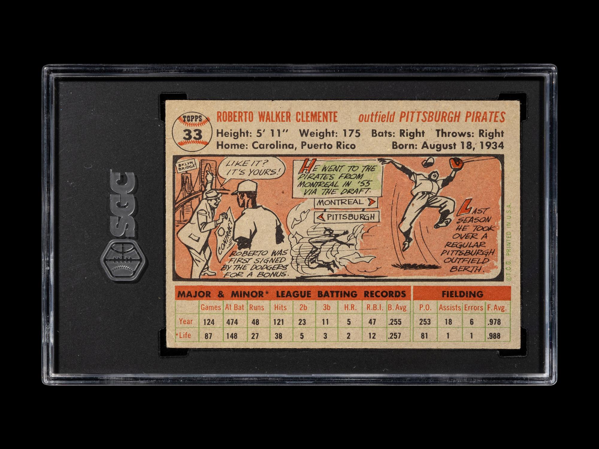A 1956 Topps Roberto Clemente Gray Back Baseball Card No. 33 (SGC 4 VG/EX)