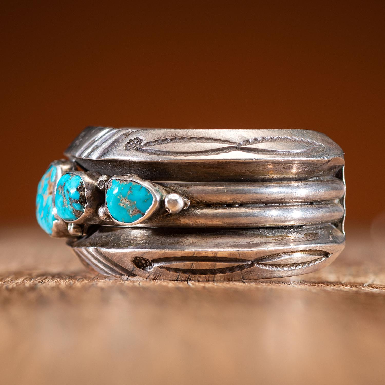 Mark Chee (Dine, 1914-1981) Heavy Silver and Lone Mountain Turquoise Cuff Bracelet