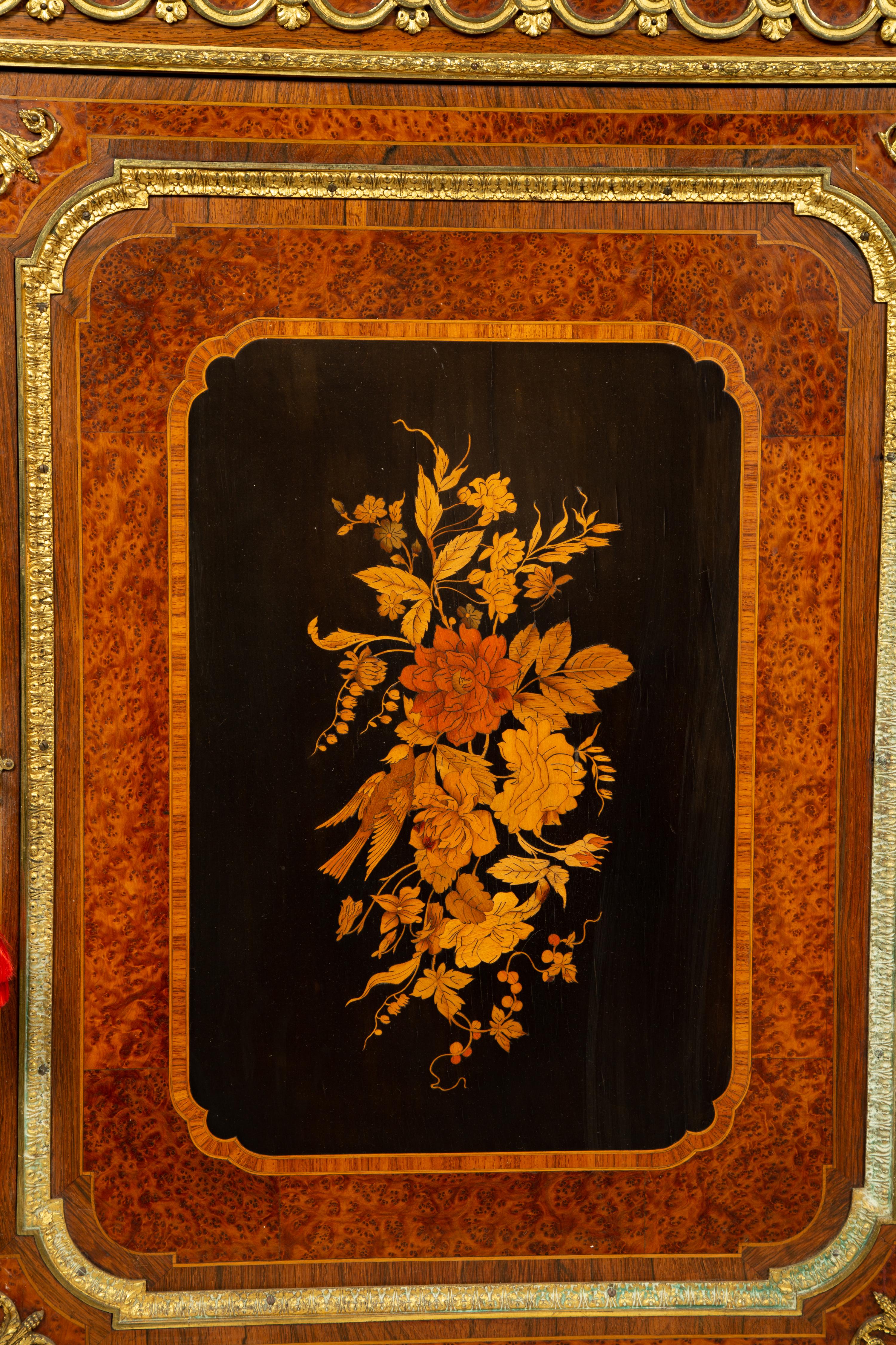 A Louis XVI Style Gilt Bronze Mounted Marquetry and Amboyna Marble-Top Cabinet — 19TH CENTURY