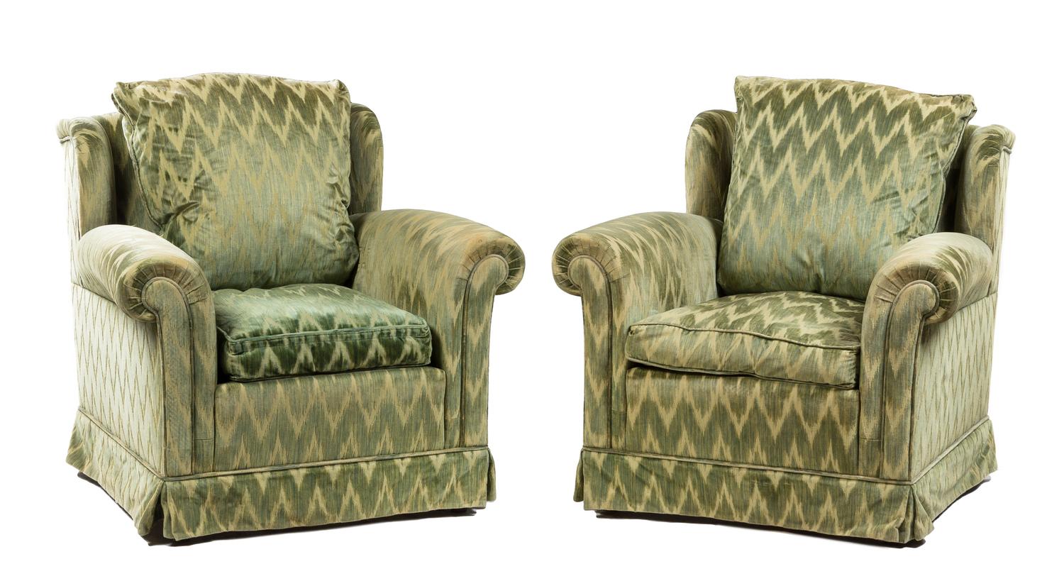A Pair of Rubelli Silk Velvet-Upholstered Club Chairs Height 33 x width 30 x depth 34 1/2 inches. — 20TH CENTURY