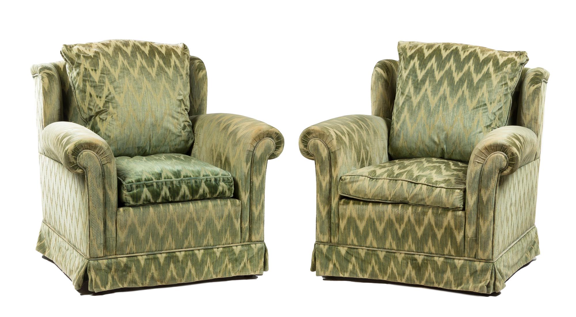 A Pair of Rubelli Silk Velvet-Upholstered Club Chairs Height 33 x width 30 x depth 34 1/2 inches. — 20TH CENTURY