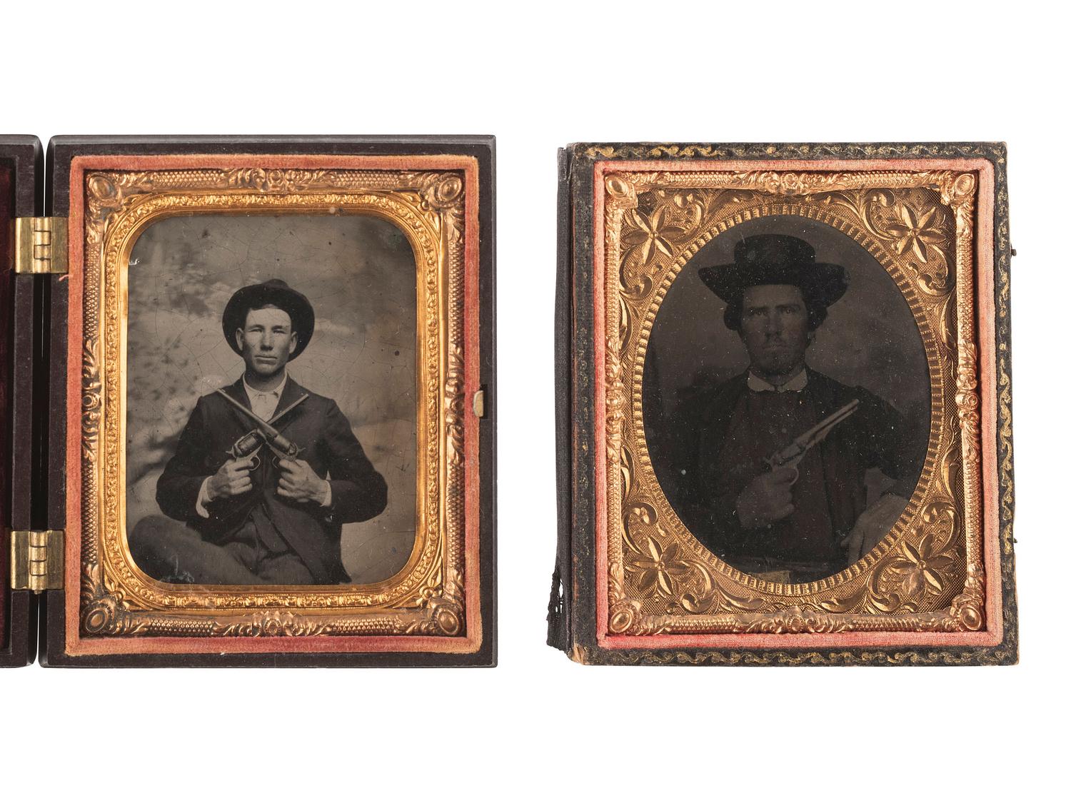 [MILITARIA]. 2 sixth plate tintypes of men with revolvers, incl. Colt Pocket Police revolver.