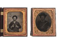 [MILITARIA]. 2 sixth plate tintypes of men with revolvers, incl. Colt Pocket Police revolver.