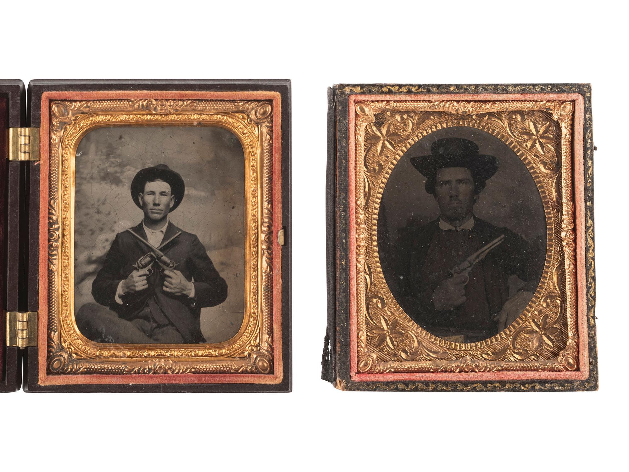 [MILITARIA]. 2 sixth plate tintypes of men with revolvers, incl. Colt Pocket Police revolver.