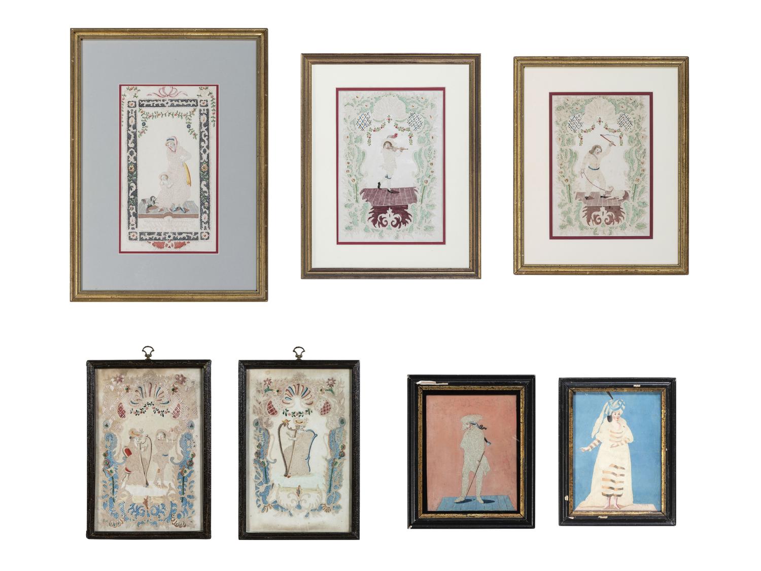 Seven Figural Pinprick and Watercolor Pictures