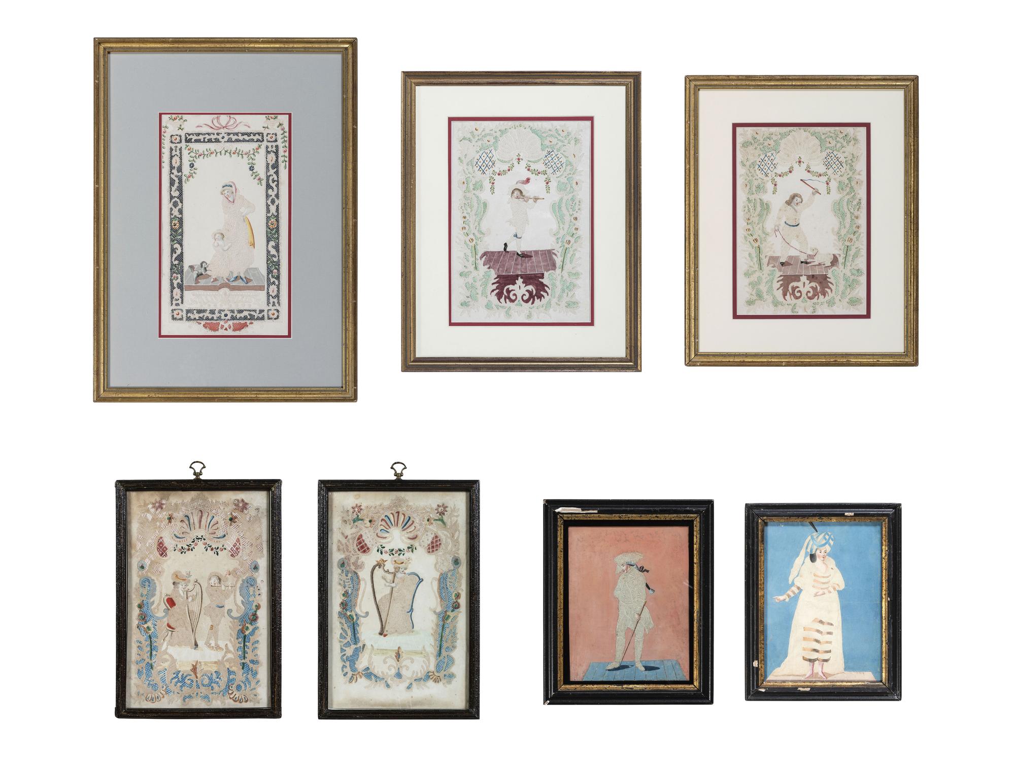 Seven Figural Pinprick and Watercolor Pictures