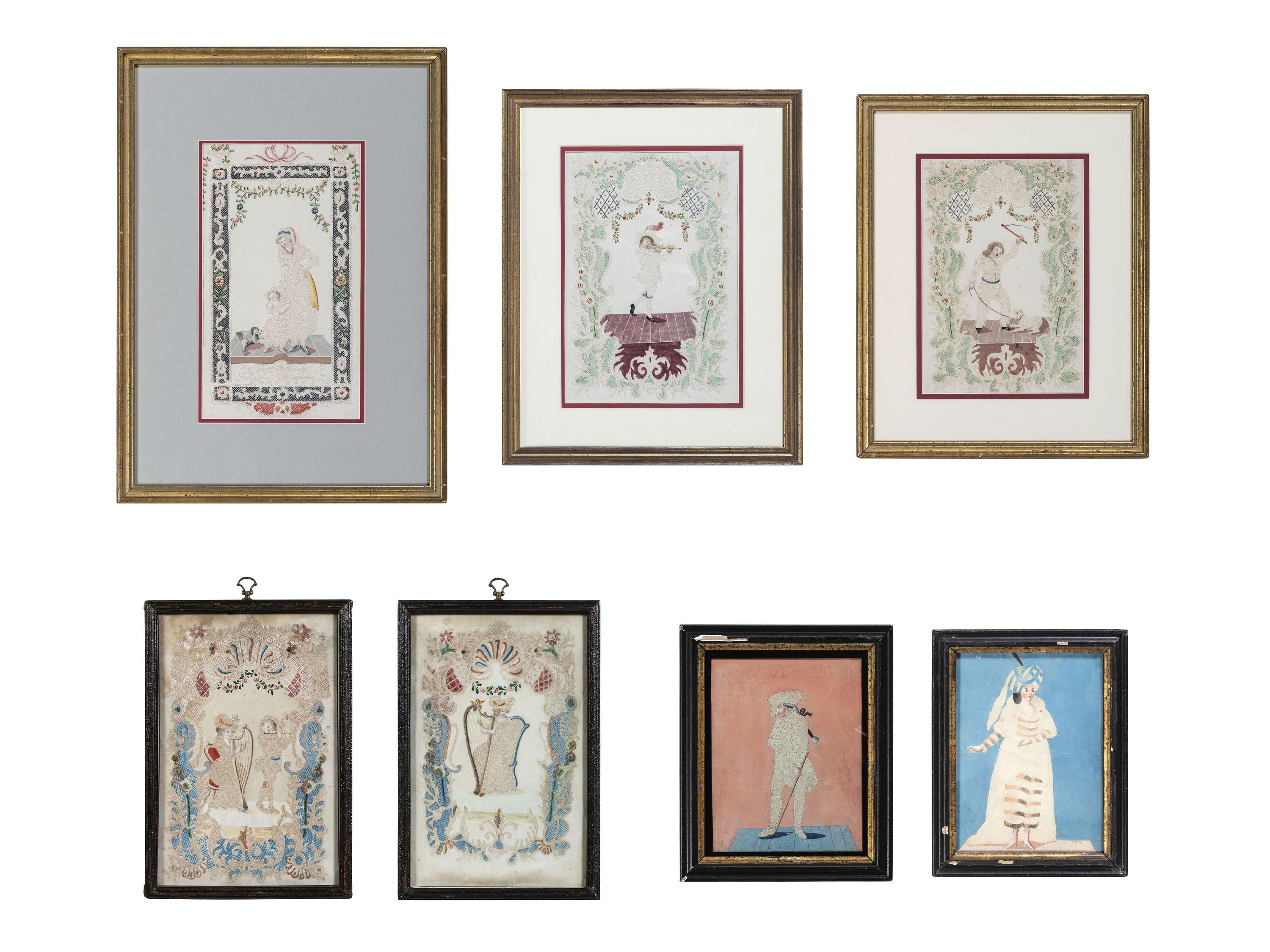 Seven Figural Pinprick and Watercolor Pictures