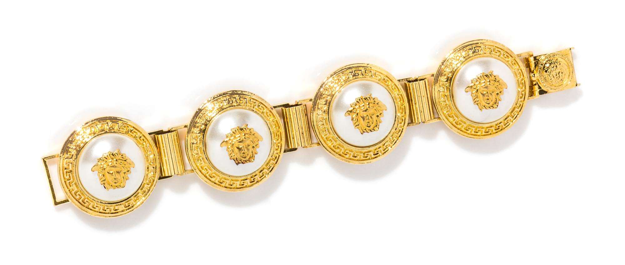 A Gianni Versace Pearl and Medusa Medallion Link Bracelet, 6.5" X 1.25".