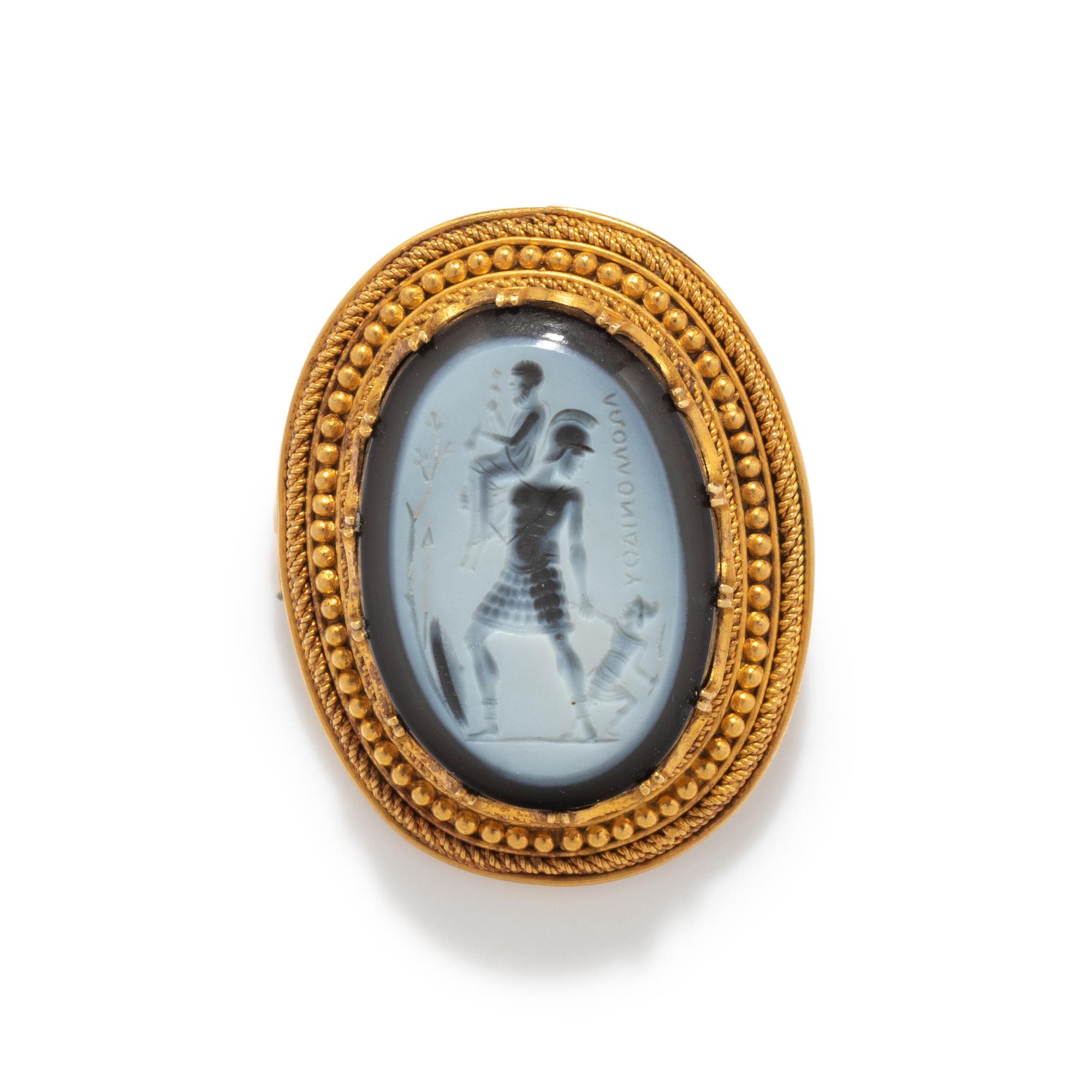 A Neoclassical Gold and Nicolo Brooch with the Family of Aeneas Quitting Troy