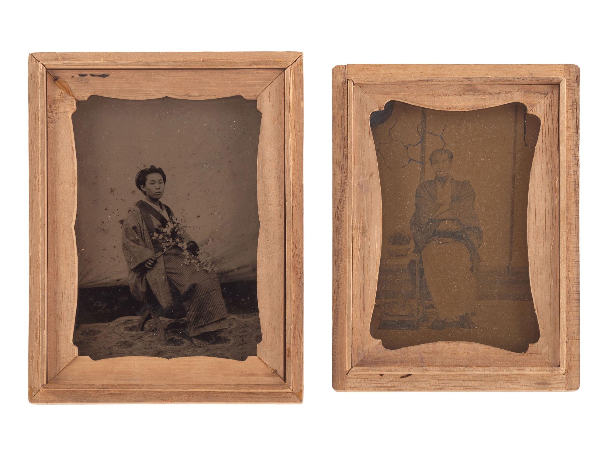 [EARLY PHOTOGRAPHY - JAPANESE]. A group of 7 Japanese ambrotypes housed in kiri wood cases, including: