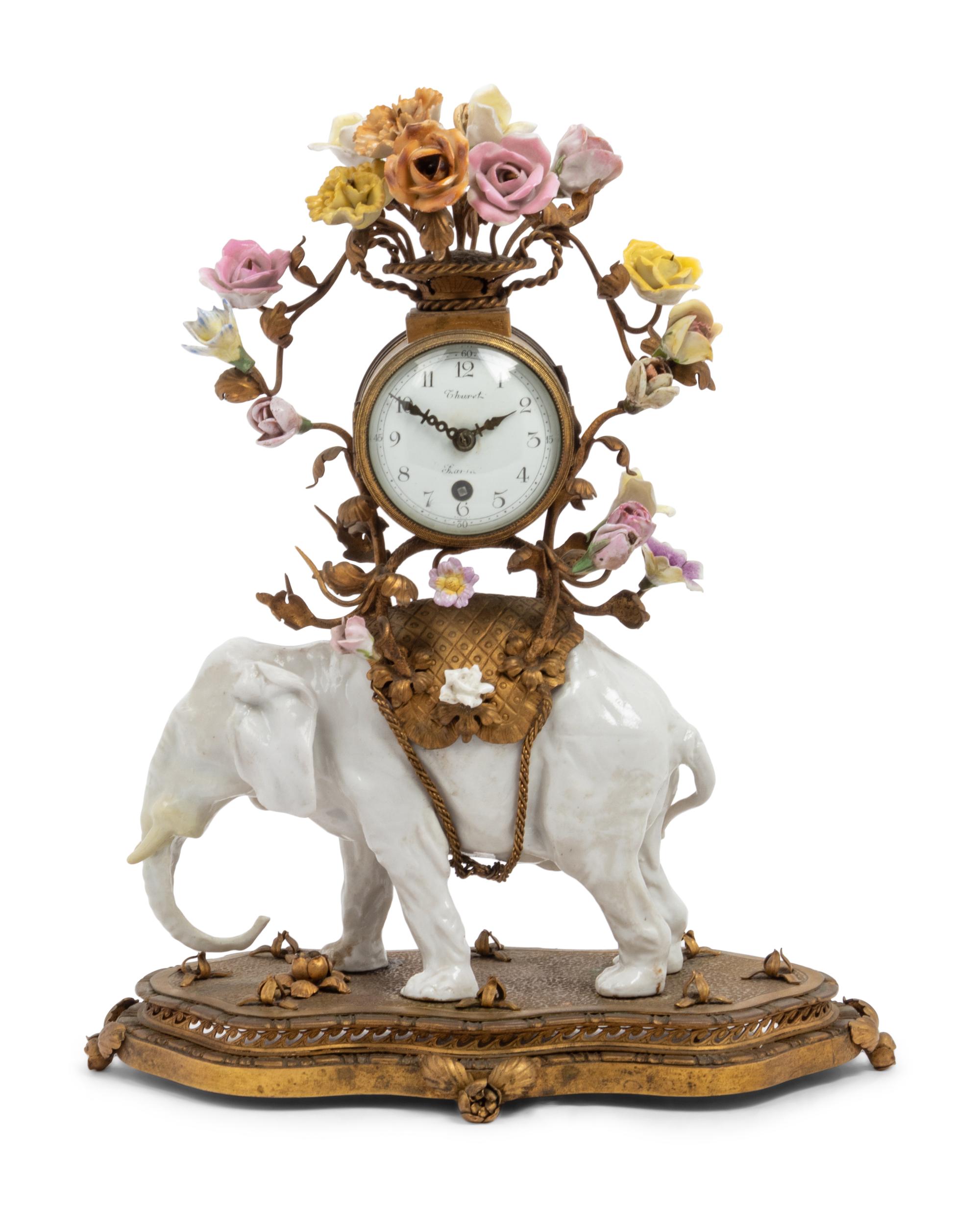 A French Gilt Metal Mounted Porcelain Elephant-Form Clock
