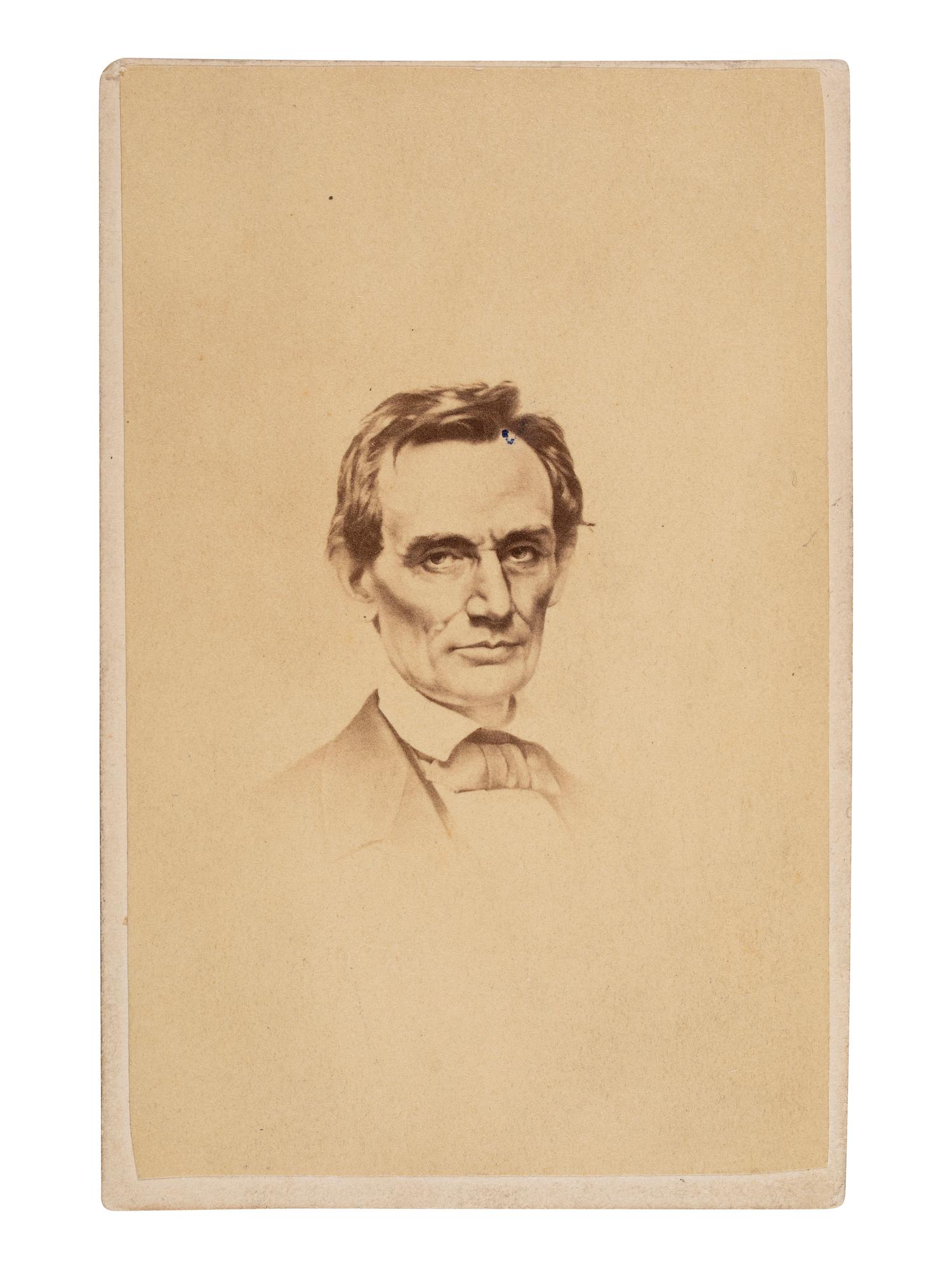 LINCOLN, Abraham (1809-1865). CDV of beardless Lincoln signed on verso "A Lincoln" with original cover addressed in Lincoln's hand, dated 10 April 1861.