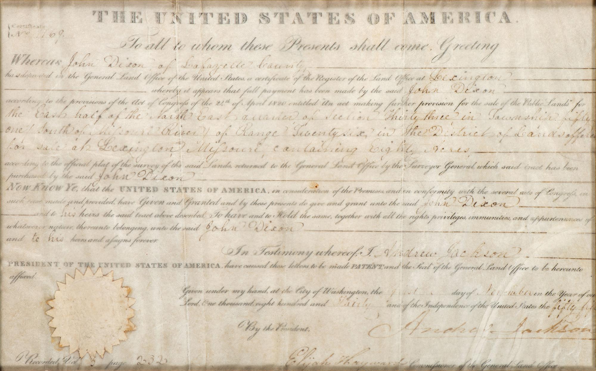 JACKSON, Andrew (1767-1845). Document signed ("Andrew Jackson"), as President. Washington, DC, 1 November 1830.