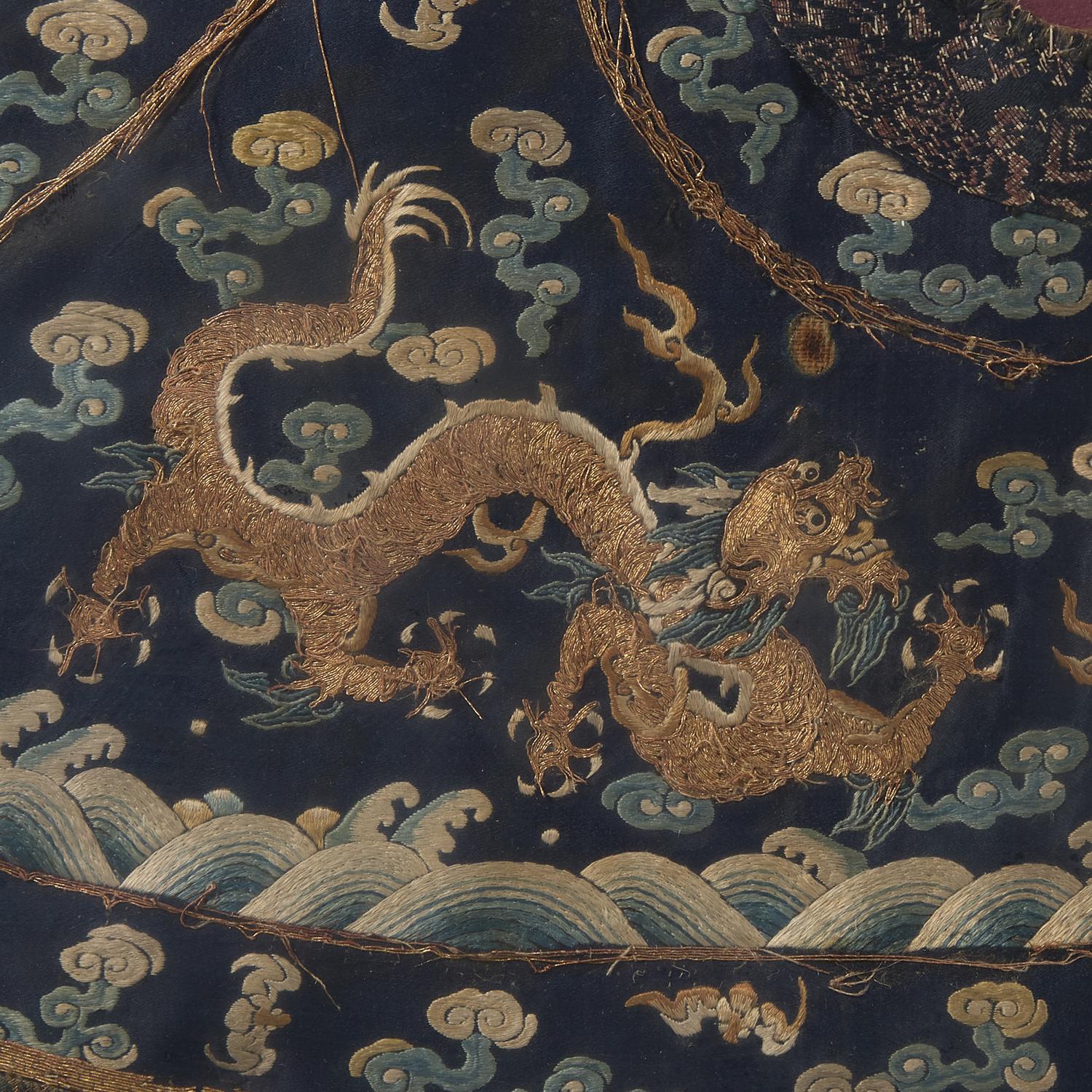A Chinese 'Dragon' Court Collar, Qing Dynasty 清 石青地綉雙龍戲珠朝服領