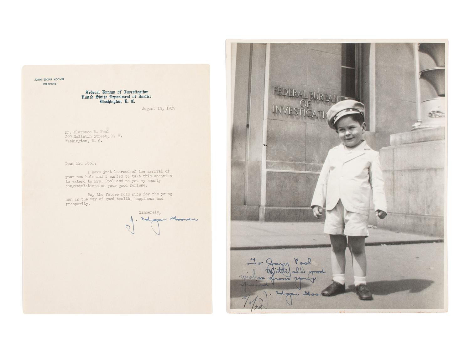 HOOVER, J. Edgar (1895-1972). A group of 3 autographed items, incl. Persons in Hiding . SIGNED and INSCRIBED by Hoover.
