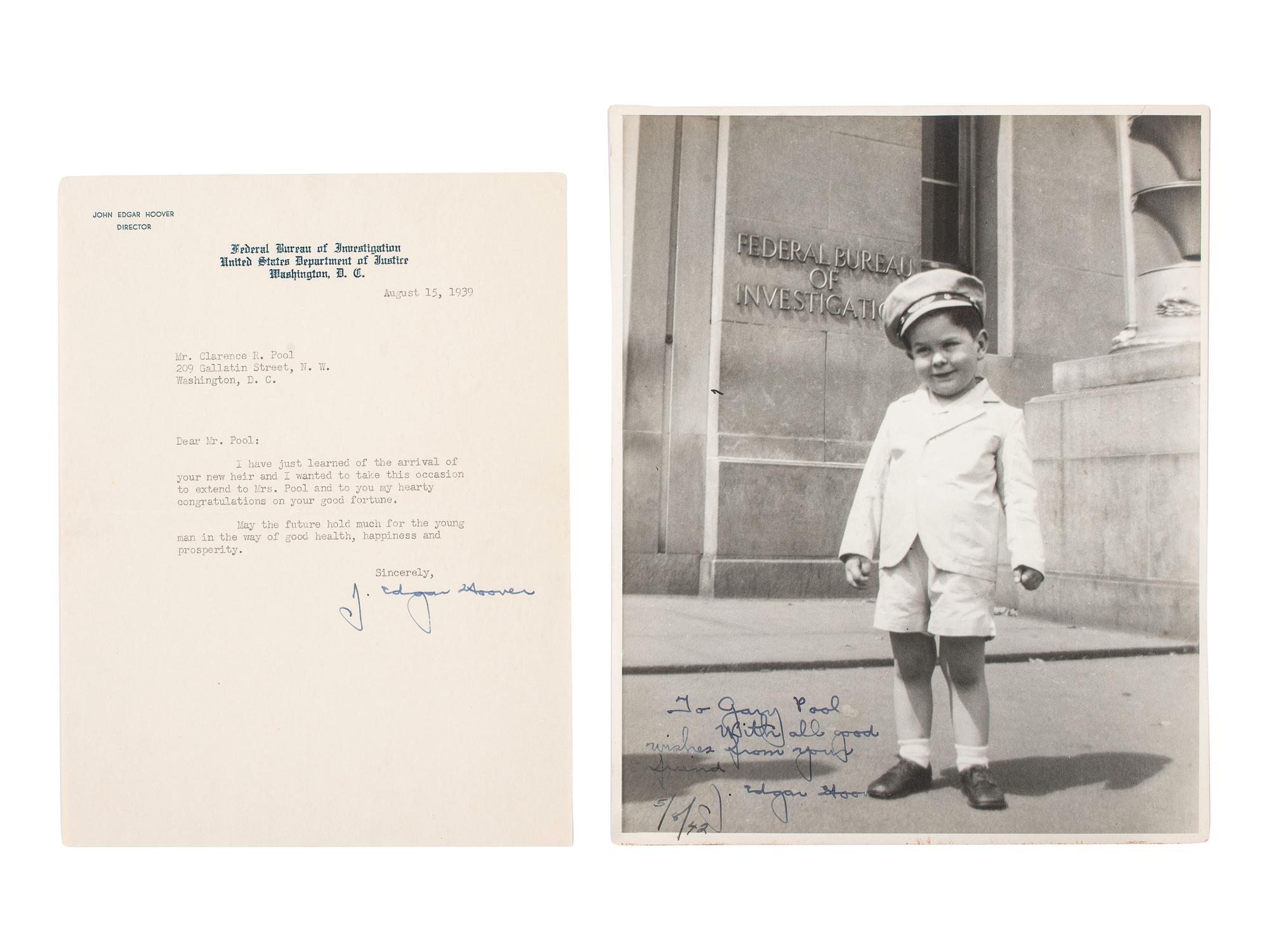 HOOVER, J. Edgar (1895-1972). A group of 3 autographed items, incl. Persons in Hiding . SIGNED and INSCRIBED by Hoover.
