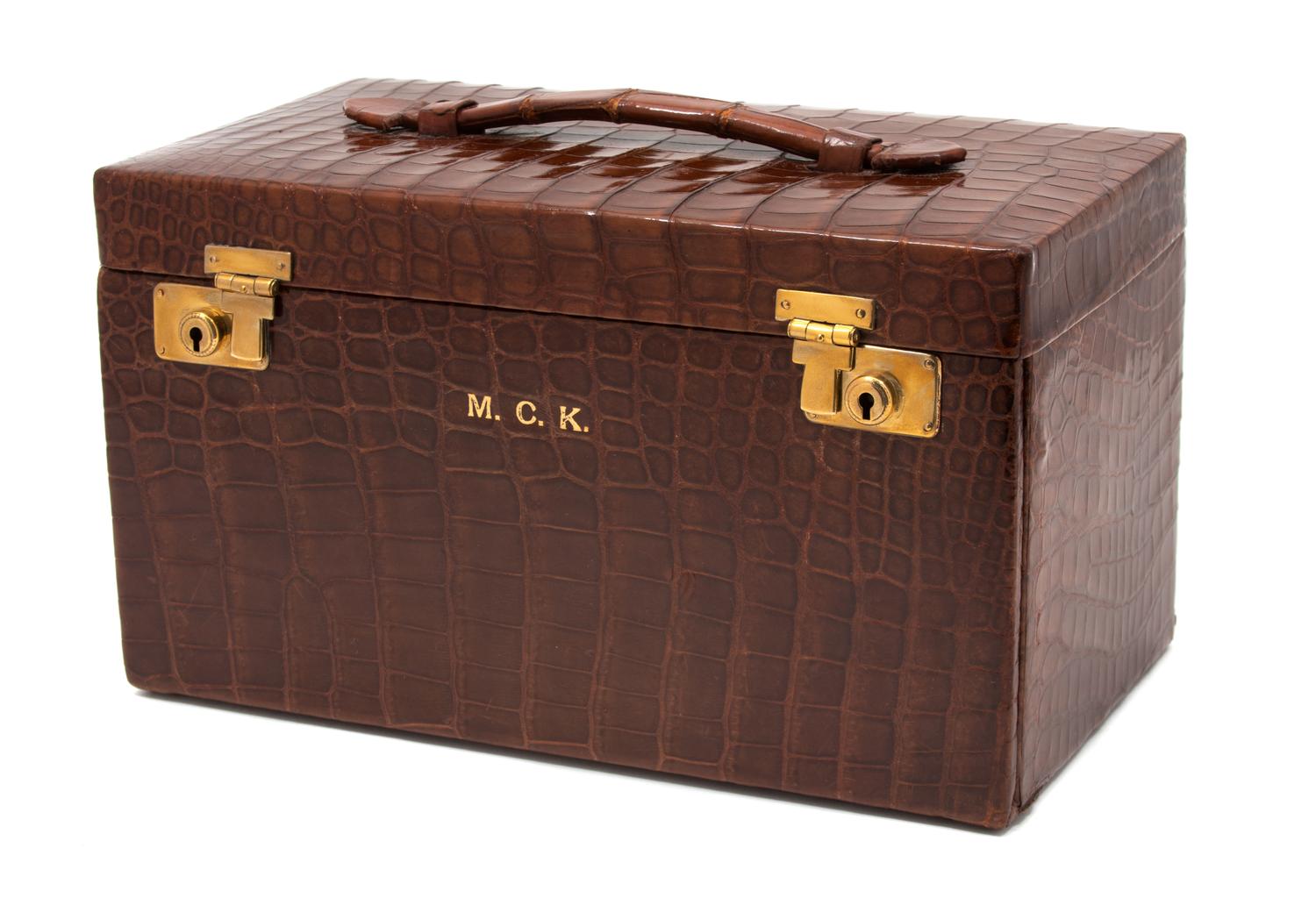 An English Crocodile Cased Silver and Enamel Dressing Case — ADIE BROTHERS LTD., BIRMINGHAM, 1936