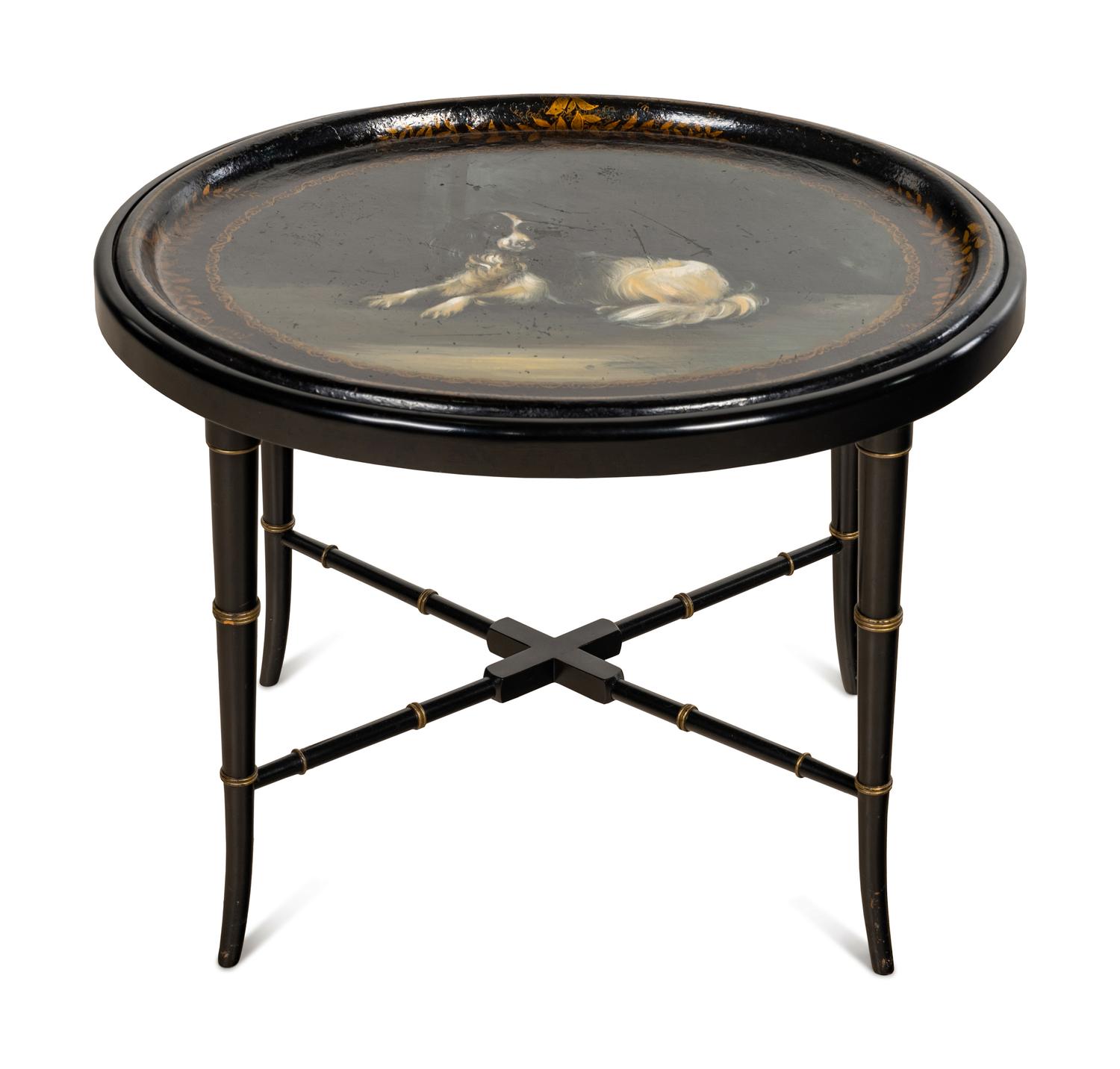 A Victorian Papier - Mâché Tray on Stand