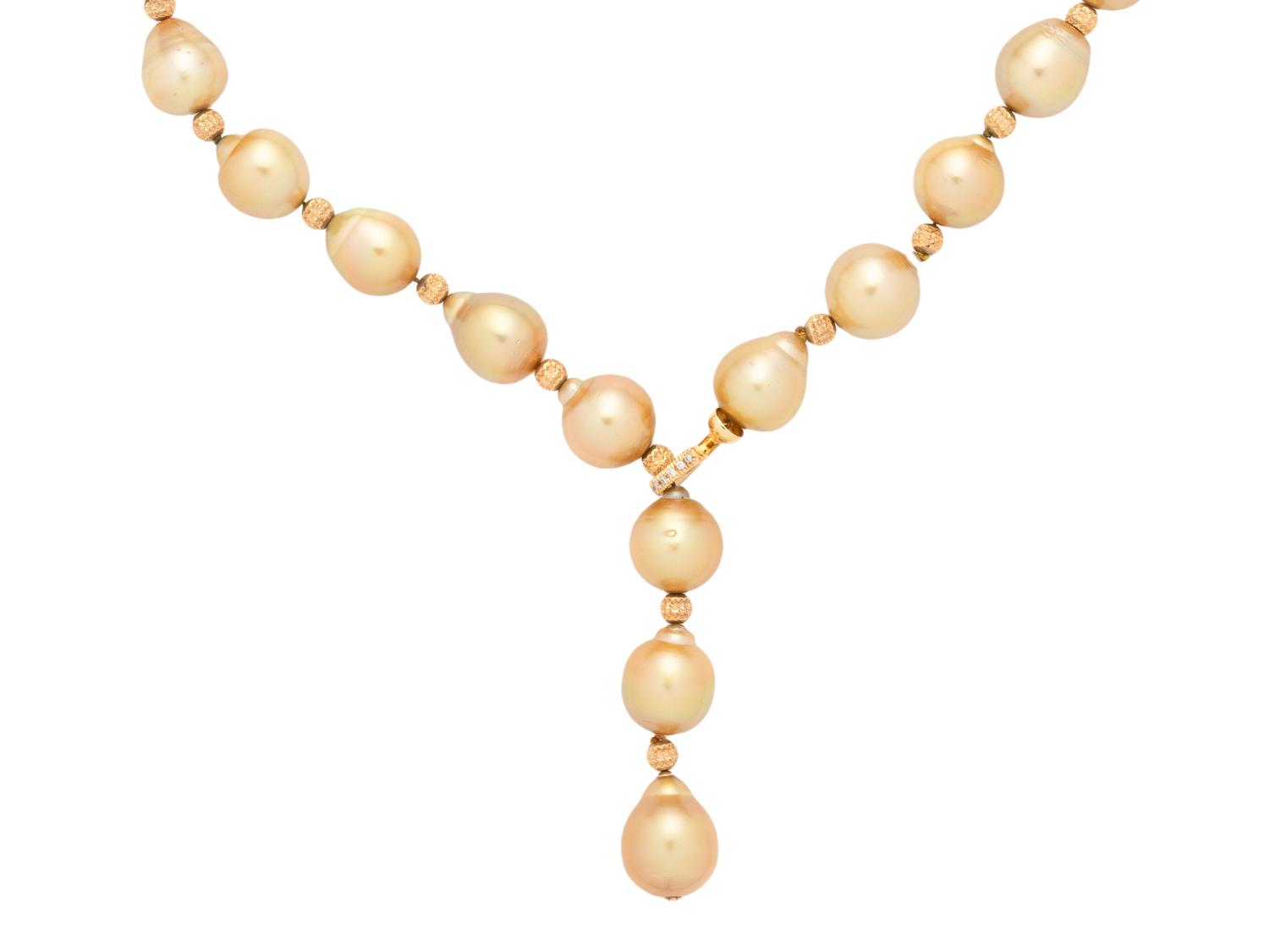 CULTURED GOLDEN PEARL, YELLOW GOLD AND DIAMOND LARIAT NECKLACE