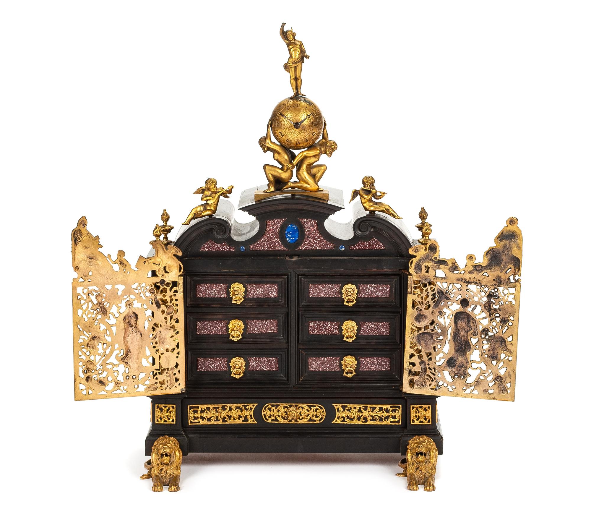 A Continental Gilt Bronze Mounted Porphyry and Lapis Lazuli Inlaid Ebonized Table Cabinet Height 25 1/4 x width 16 1/2 inches. — POSSIBLY AUSTRIAN, 19TH CENTURY